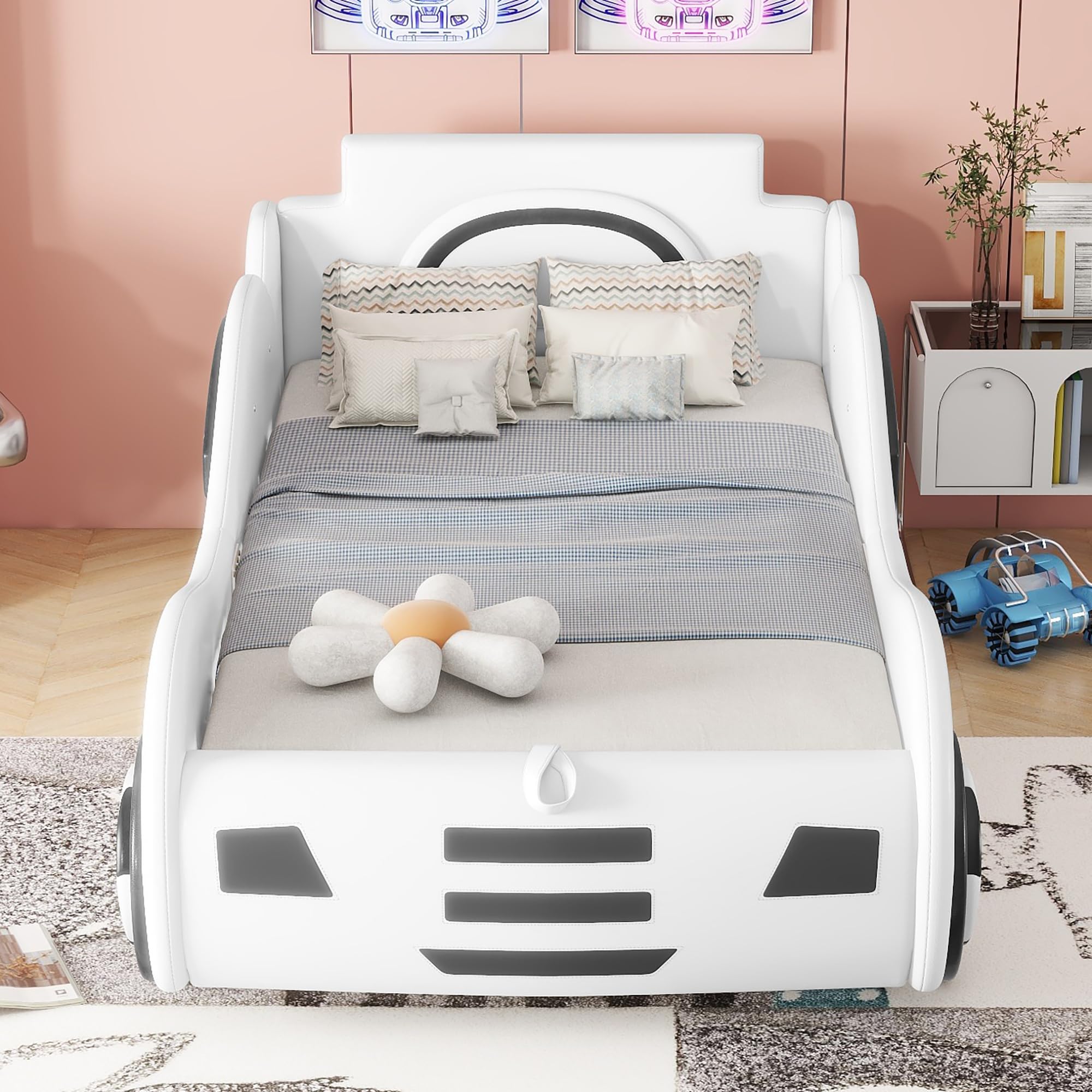 Zepneiy Lit Enfant 90x200 avec Espace de Rangement, Lit Voiture Garcon avec à Lattes, Cadre de lit Simple aus PU Blanc (sans Matelas)
