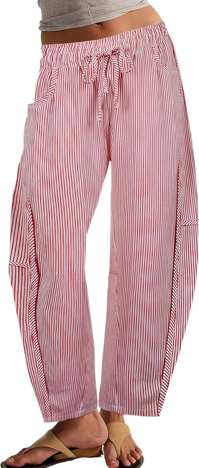 Athlisan Women's Striped Barrel Pants Casual Drawstring Elastic Waisted Wide Leg Baggy Jeans with Pockets