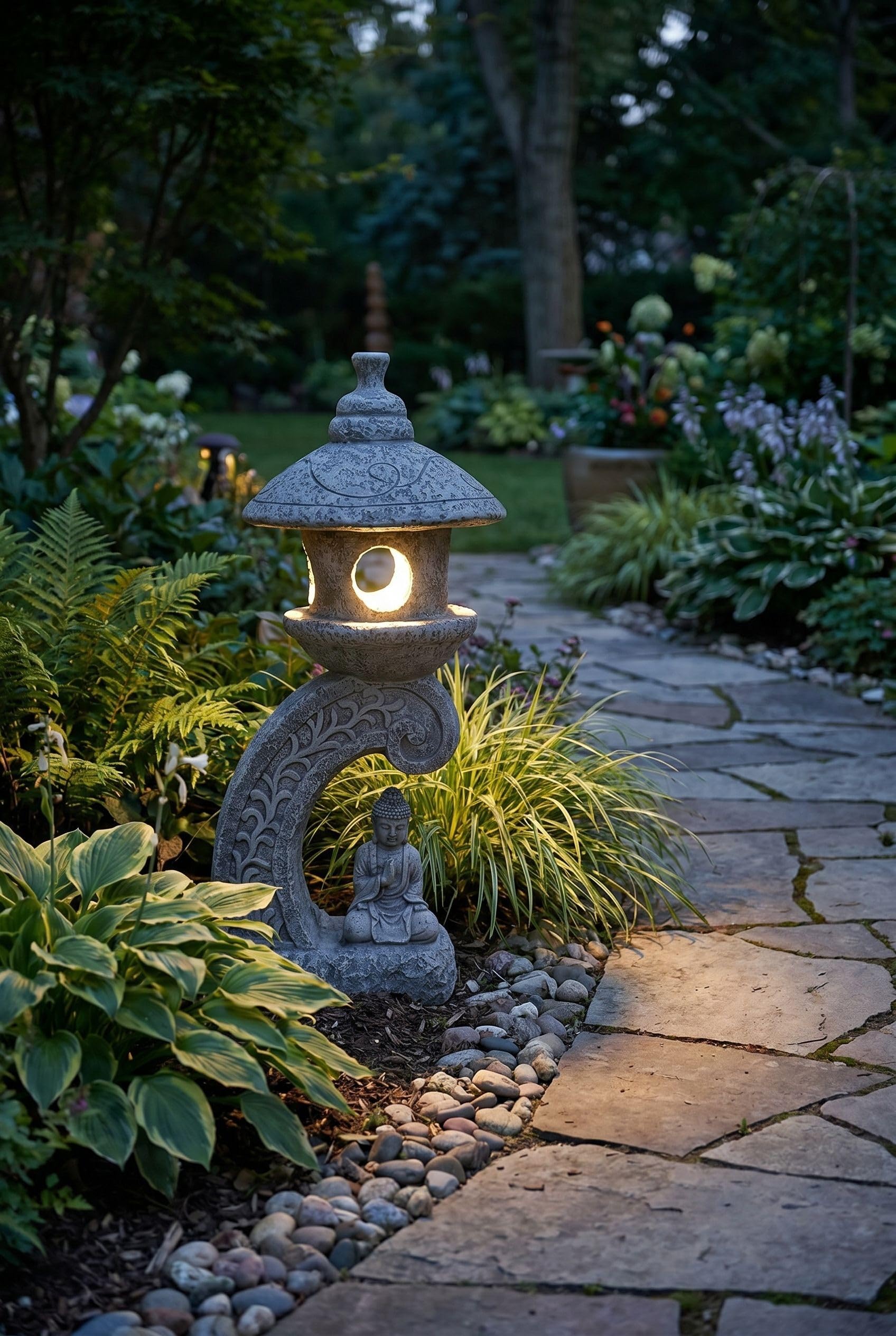 Arnusa Lampe solaire de jardin pagode 60 cm - Lampe de jardin LED aspect pierre avec Bouddha - Blanc chaud - Lanterne solaire pour jardin, terrasse et étang
