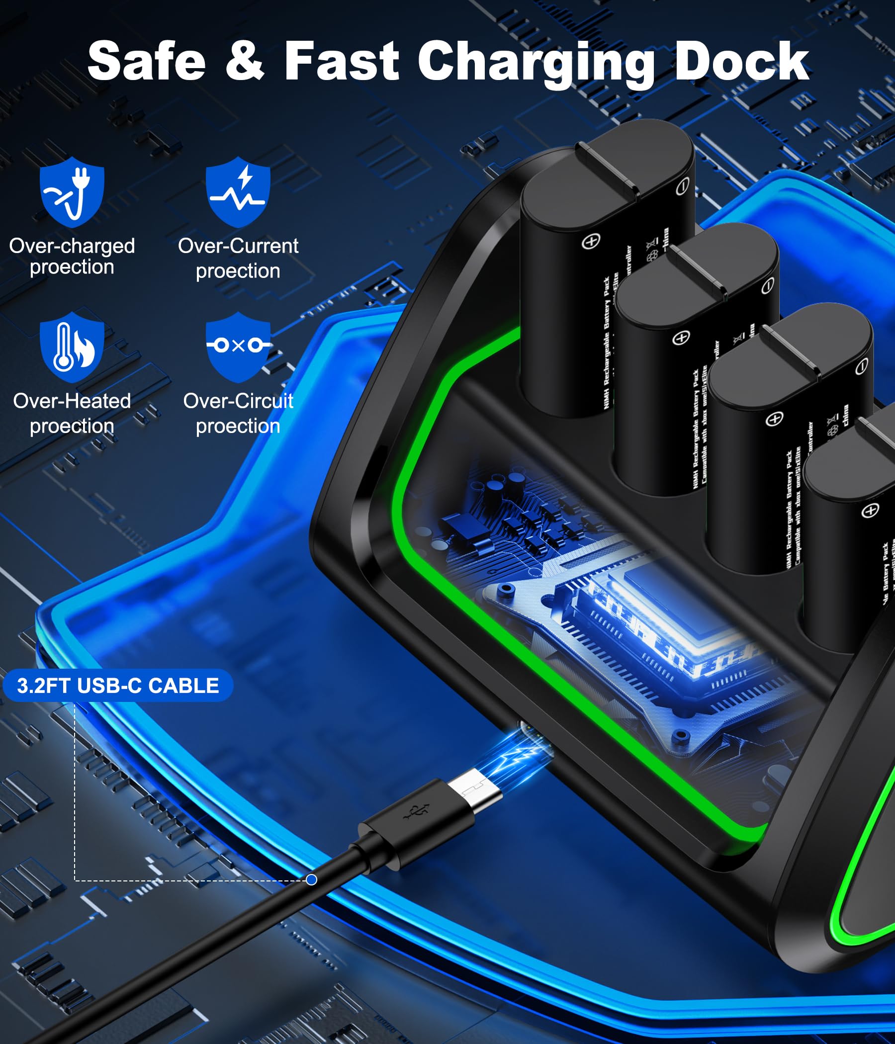 Rechargeable Batterry for Xbox One/Xbox Series X|S/Xbox One S/X/Elite Controller Battery Pack, 4x4080mWh for Xbox Controller Battery (4H Full Charged) with Cahregr Station, Light Control, Touch Switch