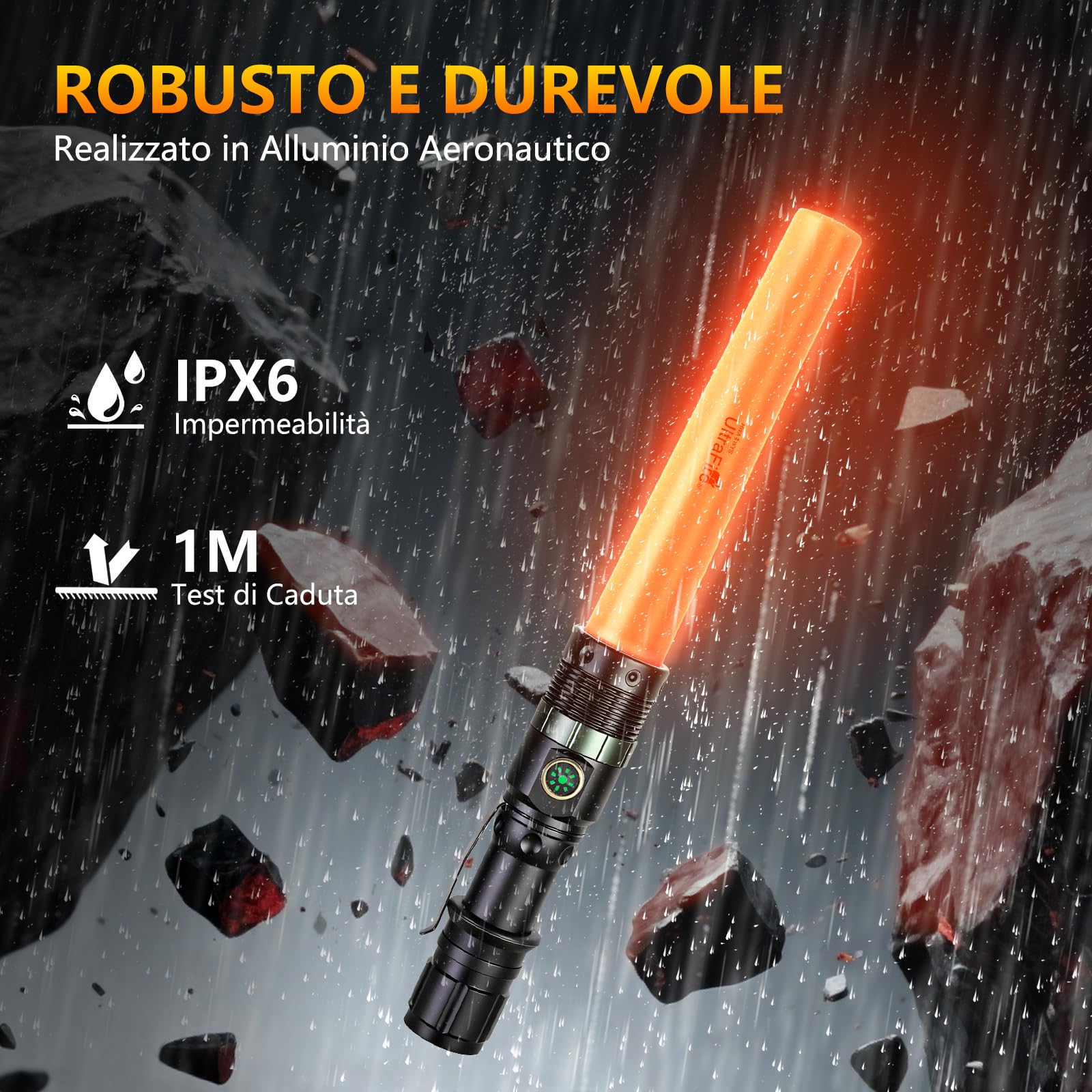 UltraFire Torcia a LED ricaricabile con bastone segnaletico, 500 lumen, zoomabile, 3 modalità, USB-C, per controllo del traffico, aeroporto, campeggio, emergenza, UF-303X (confezione da 2)