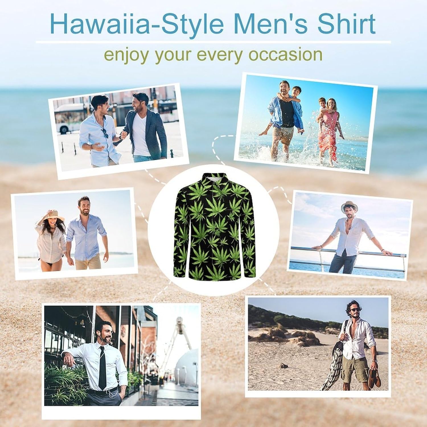 Green_Weed Long Sleeve Shirts Casual Dress Shirt Button-down T-shirts for Men