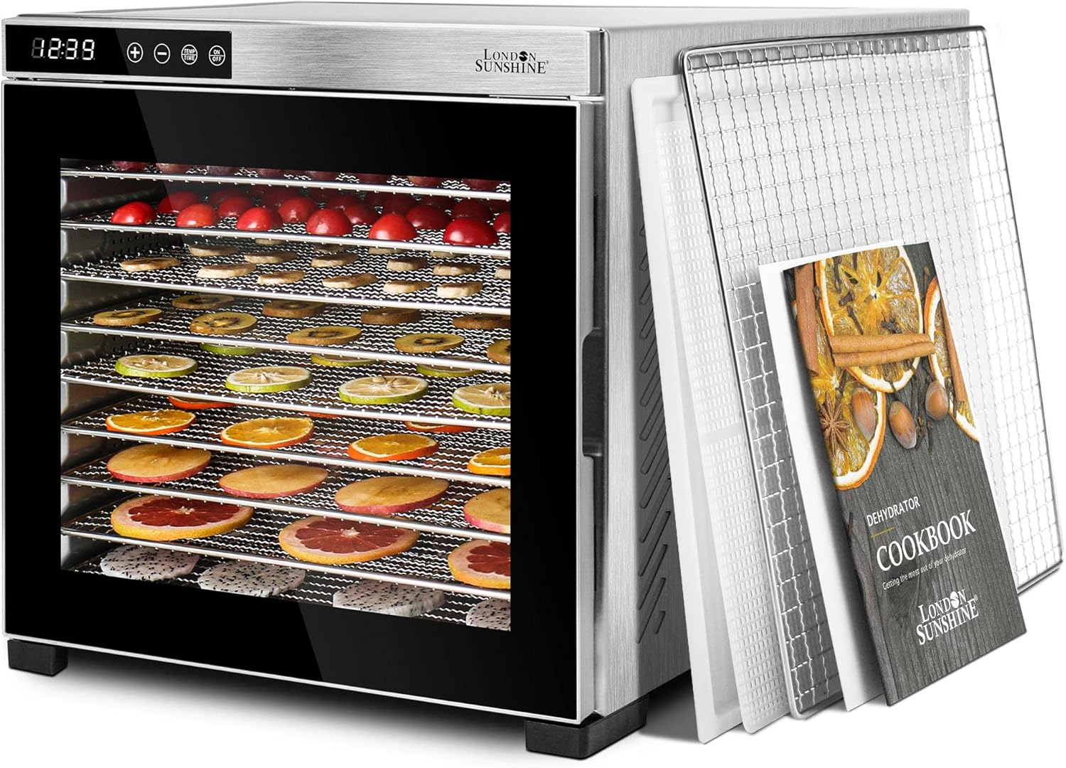 London Sunshine® 1000W Commercial Food Dehydrator | Double Wall Stainless Steel with Temp Viewing Window | 10 Stainless Trays | Professional Grade for Jerky, Herbs, Fruits
