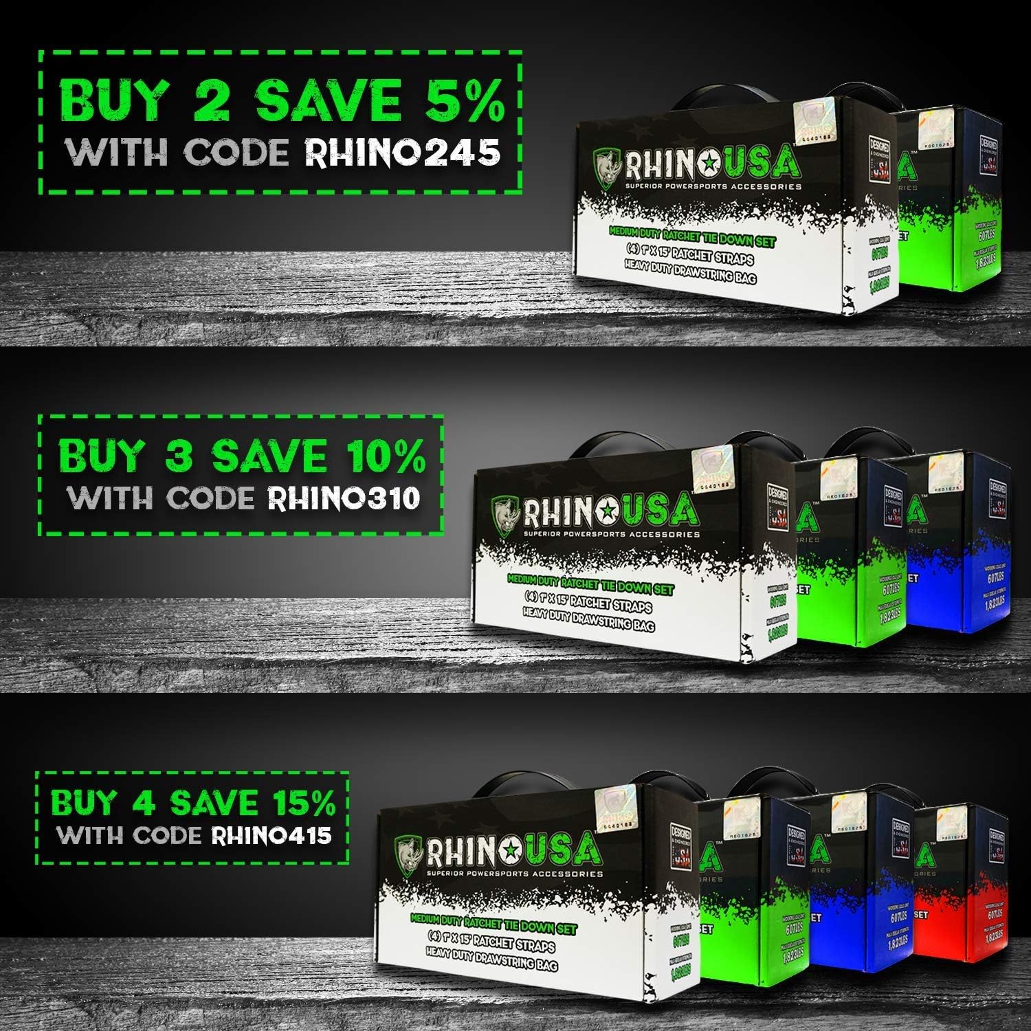 RHINO USA Ratchet Straps Tie Down Kit, 5,208 Break Strength - Includes (4) Heavy Duty 1.6" x 8' Rachet Tiedowns with Padded Handles & Coated Chromoly S Hooks + (4) Soft Loop Tie-Downs (Black 4-Pack) : Automotive