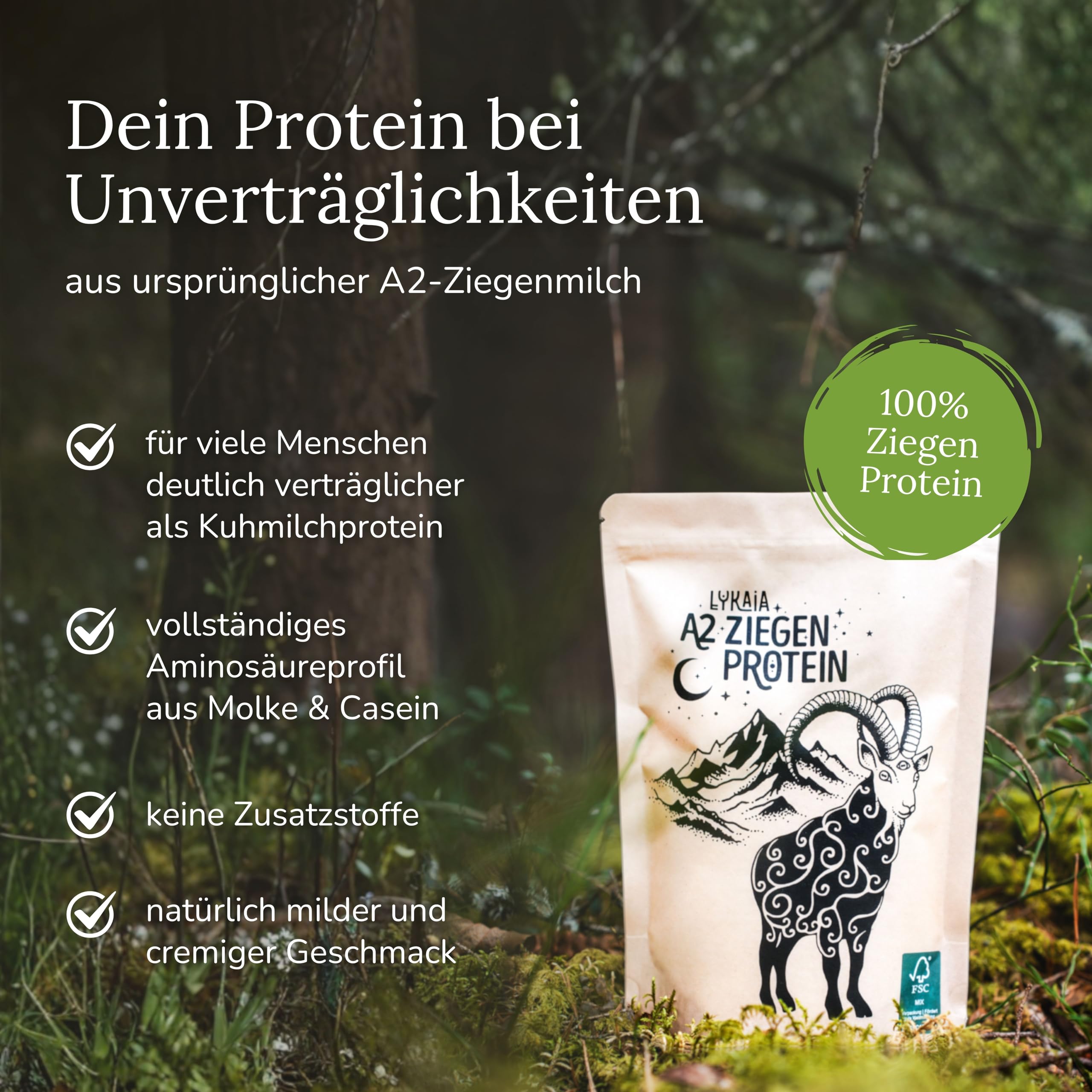LYKAIA A2 Ziegen Protein 300 g - natürliches Proteinpulver ohne Zusatzstoffe aus 100% A2 Milch. Hochwertig und gut verträglich wegen ursprünglicher A2 Struktur - neutral und cremig