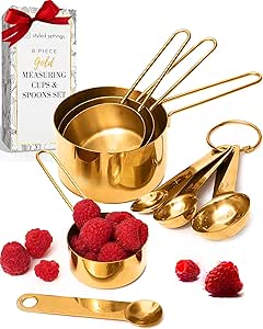 STYLED SETTINGS Gold Measuring Cups and Spoons Set – Stackable 8-Piece Brass Measuring Set – Stylish and Sturdy Gold Kitchen Accessories for Baking and Cooking