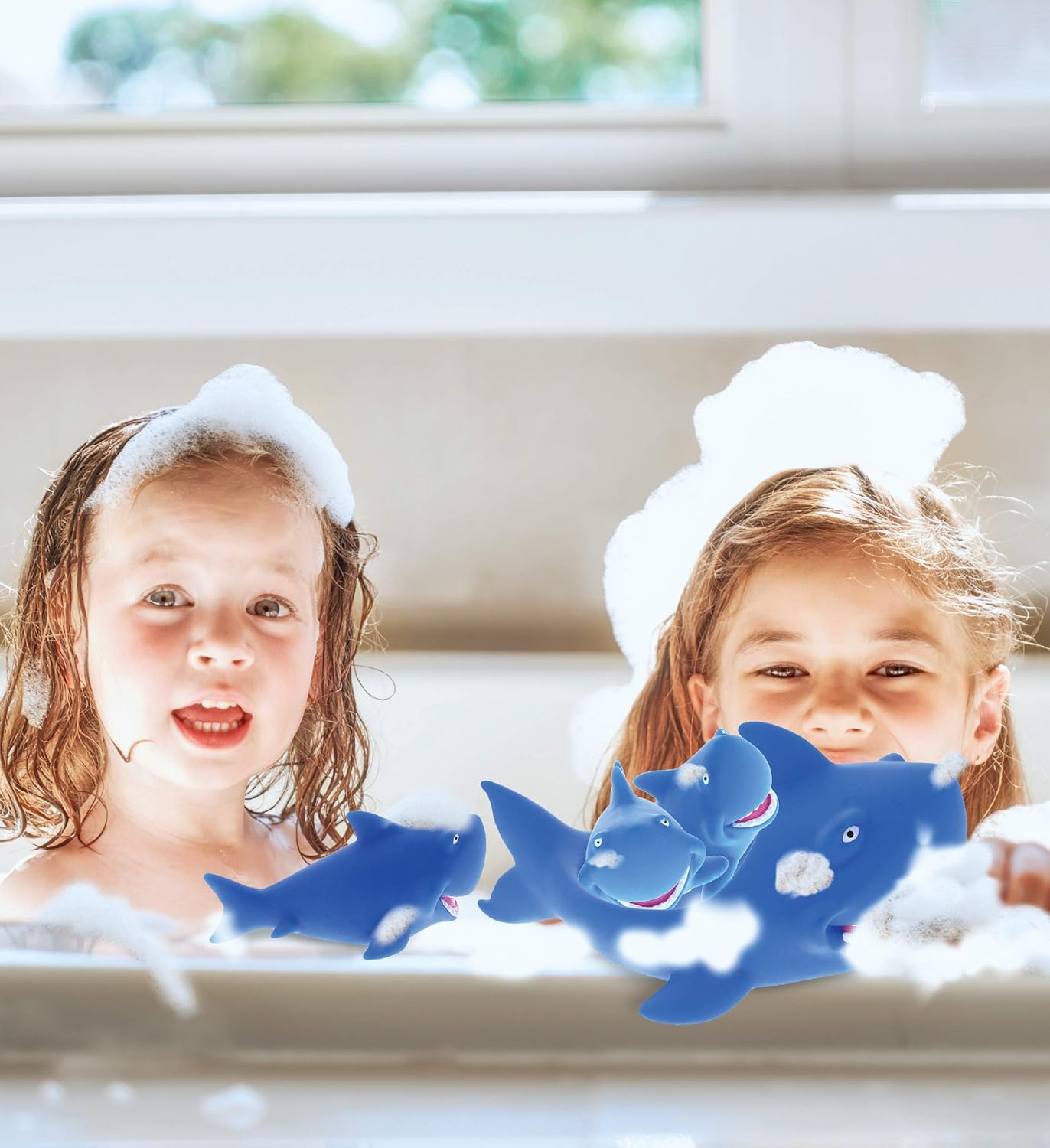 Dollibu Family Animal Bath Squirters 4 Piece Bath Toy Set, Toddler Bath Toys for Bathtime & Water Fun, Girls & Boys Floating Rubber Squirt Toys, Floaty Pool Toys for Toddlers & Kids - Blue Shark