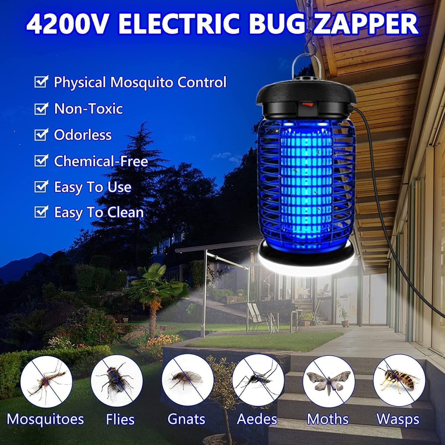 seenlast Lampe Anti Moustique 15W 4200V UV Tueur d'Insectes Électrique Étanche 140m² Intérieur Extérieur