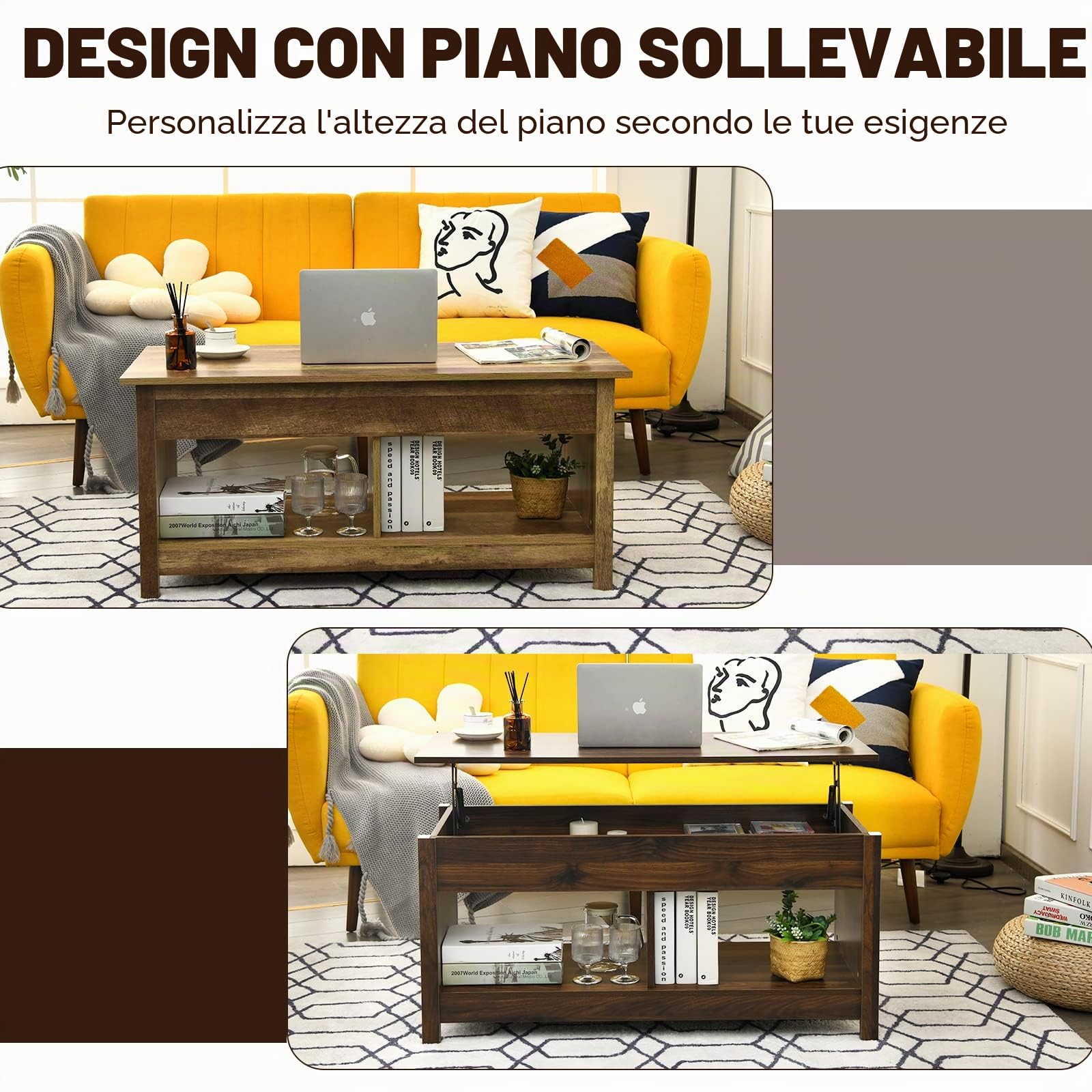LIFEZEAL Tavolino da Salotto, Tavolino Sollevabile, Elevabile, Alzabile, Tavolino da Caffè, da Divano, Moderno, Basso, in Legno, Vano, Scomparti, Soggiorno, Ufficio, Max 50kg, 109x47,5x50-63cm, Rovere