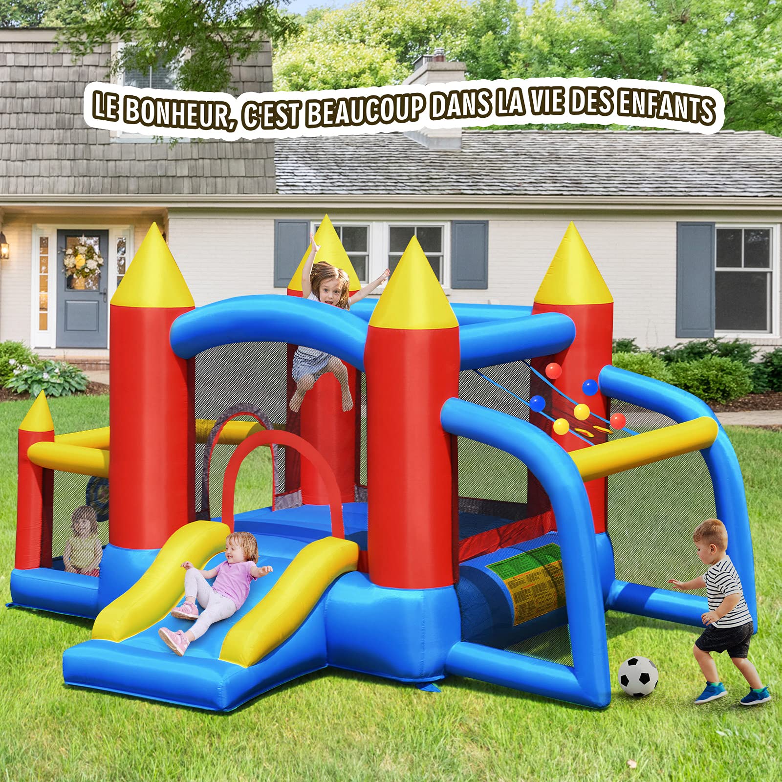 COSTWAY Château Gonflable avec Toboggan et Souffleur, Aire de Jeux Gonflable avec Maison de Saut et Piscine, But de Football, 60 Boules, Intérieur Extérieur, Charge 90kg pour 3-10 Ans