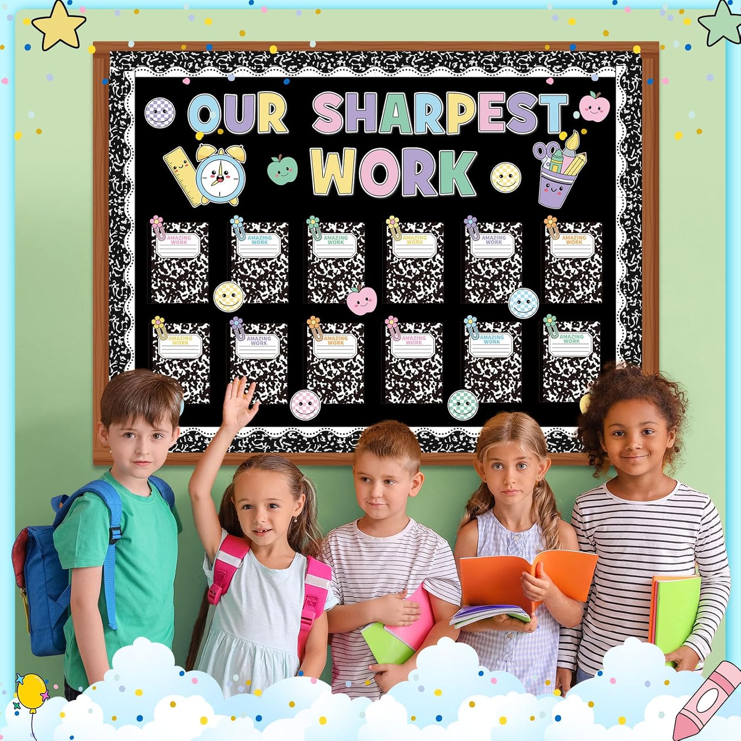 Funrous Welcome Back to School Bulletin Board Set Classroom Decorations Inspirational First Day of School Bulletin Board Paper Cutouts for Elementary Preschool Teacher Supplies(Composition Notebook)