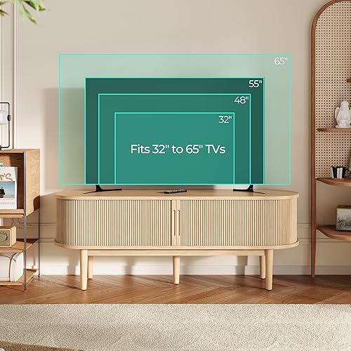 Miniatura 3 de LINSY HOME Soporte de TV para TV de 65 pulgadas, moderno centro de entretenimiento de 58 pulgadas de mediados de siglo con puerta corredera de