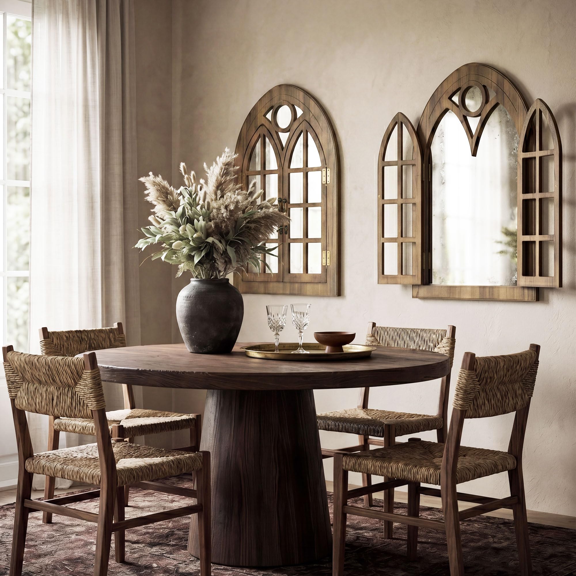 Espejo de Pared Estilo Ventana de Arco con Marco de Madera Abrible, Diseño de Ventana para Salón, Dormitorio & Entrada