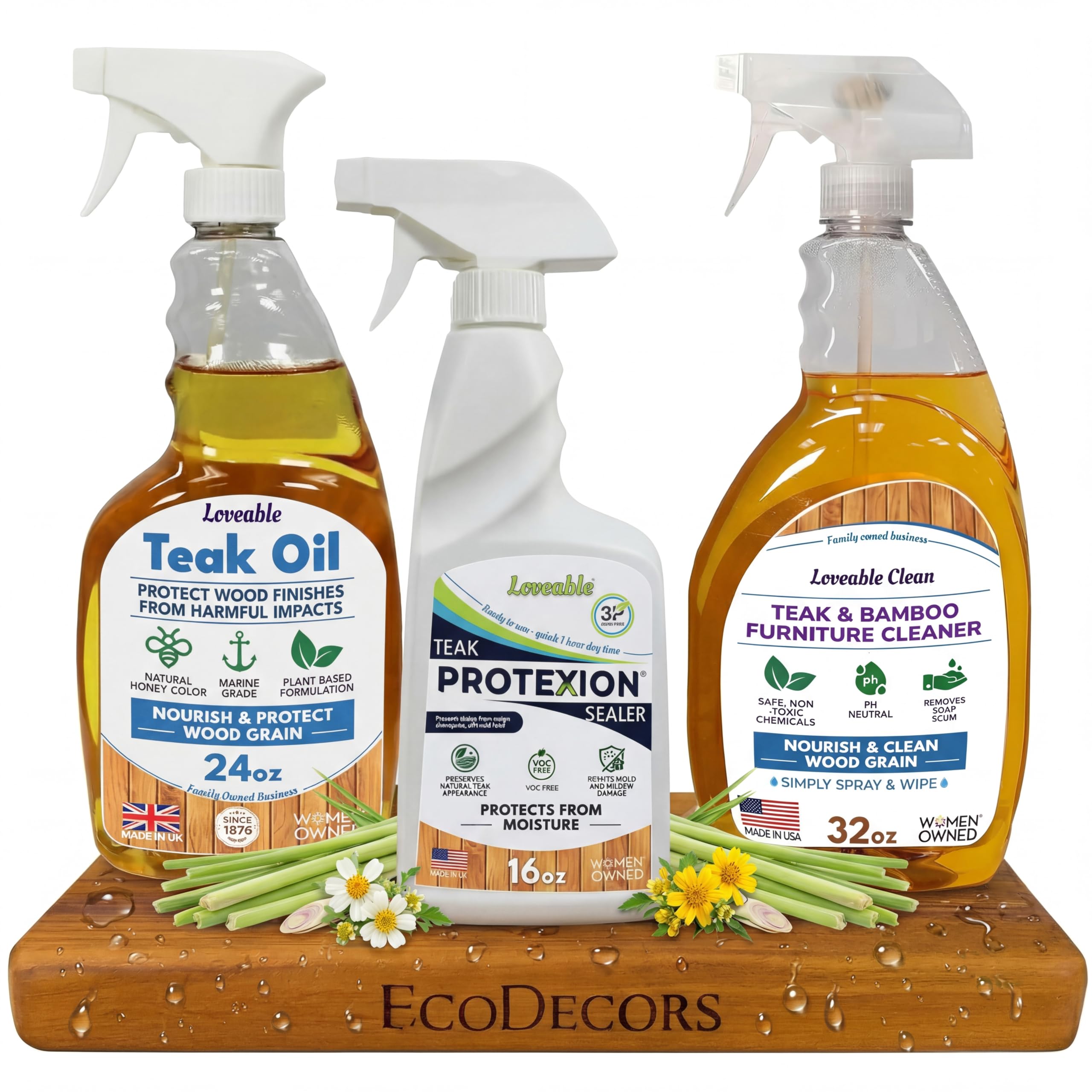 EcoDecors Protective Bundle – Loveable Teak Conditioning Oil, Teak Furniture Cleaner, and Protexion Teak Sealer Spray Bottle