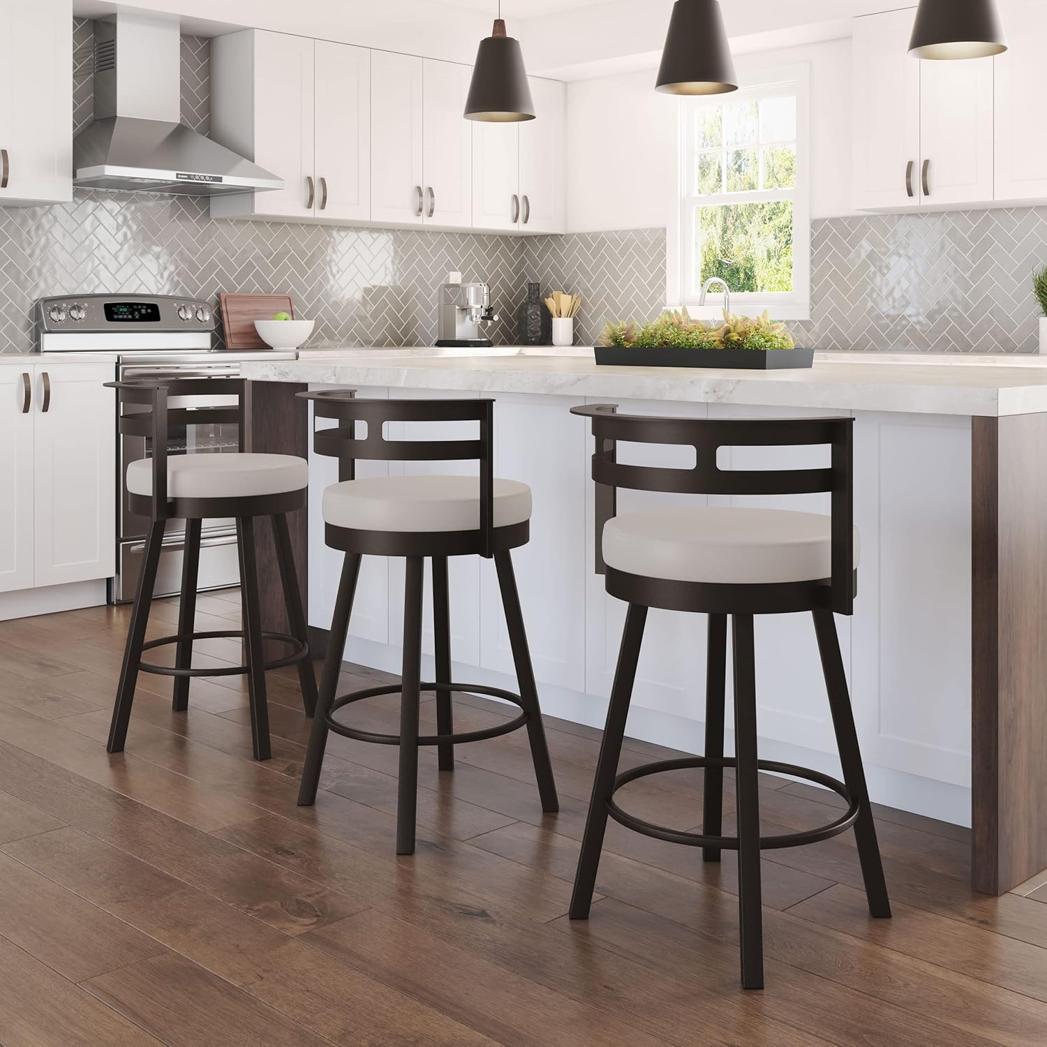 Amisco Render 26" Counter Height Barstool, Swivel Stool with Backrest and Metal Base for Kitchen Island or Bar - Cream Faux Leather/Dark Brown Metal/Counter Height