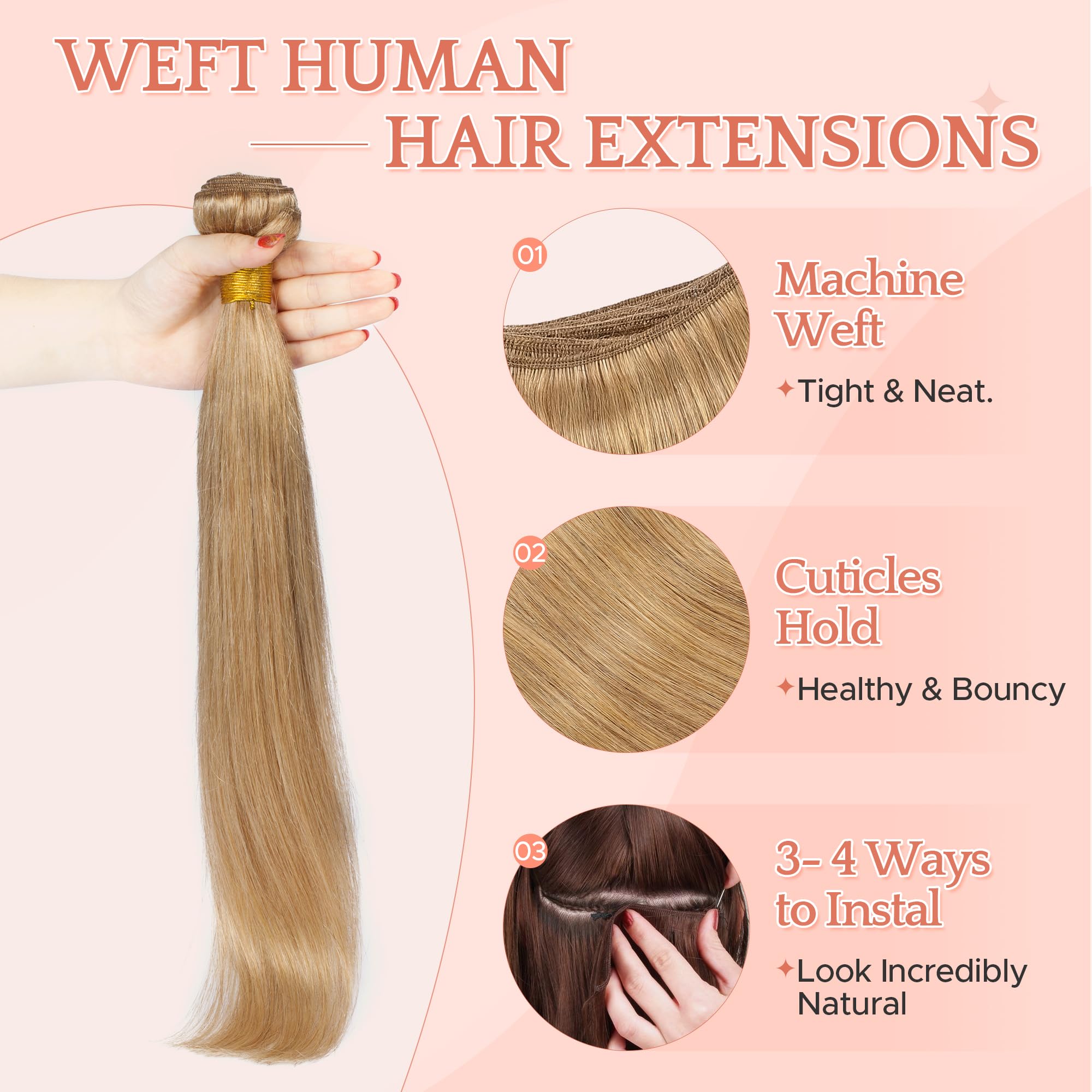 18 inches SEGO Bundles Human Hair Weave #27 Dark Blonde Hair Extensions Real Human Hair Straight Weft (1 Bundle,100g) - Image 2