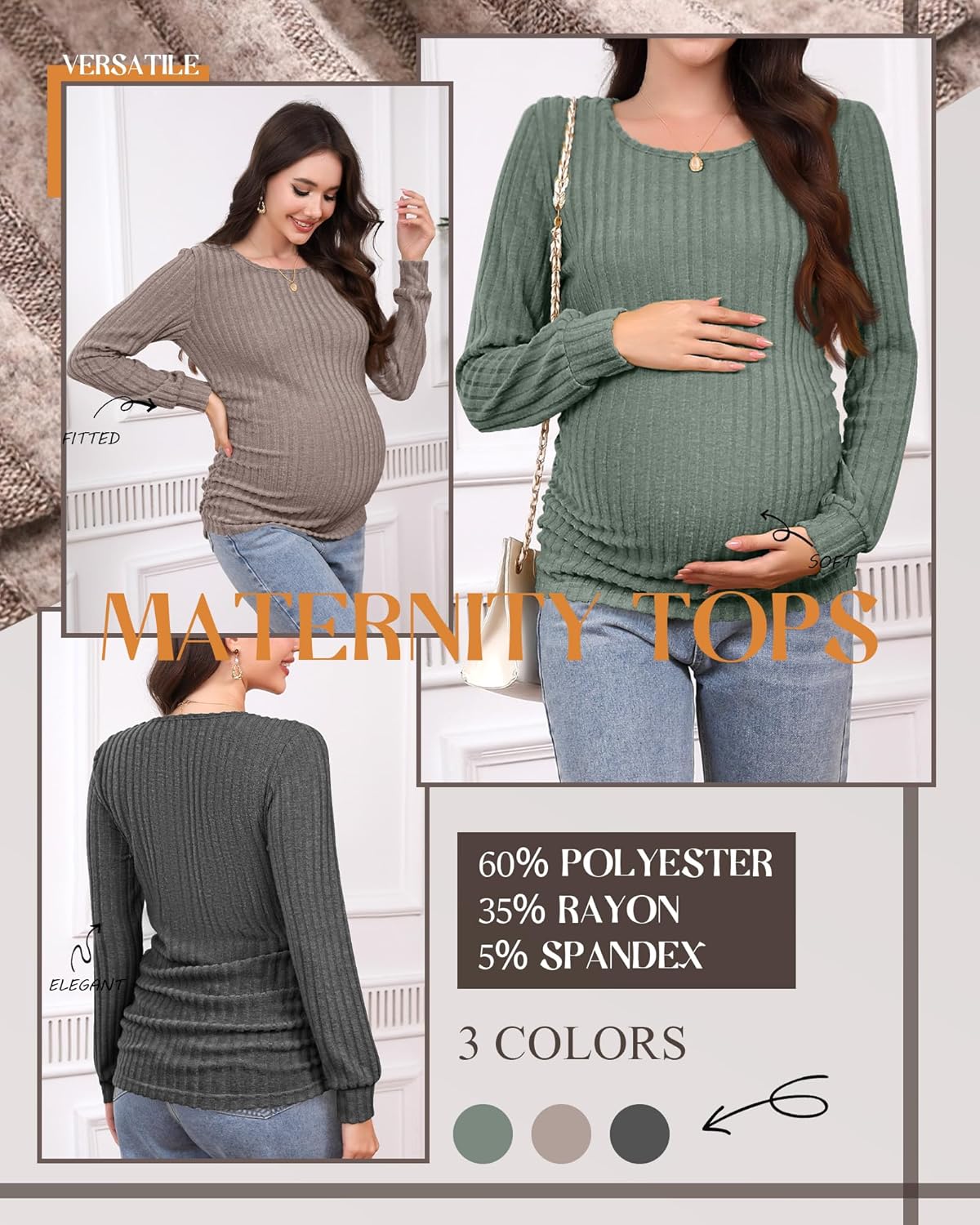 3 Pack Women's Maternity Shirts Ribbed Long Sleeve Tops Pregnancy Sweaters Crew Neck Knit Side Ruched Tunic Tees - Image 4