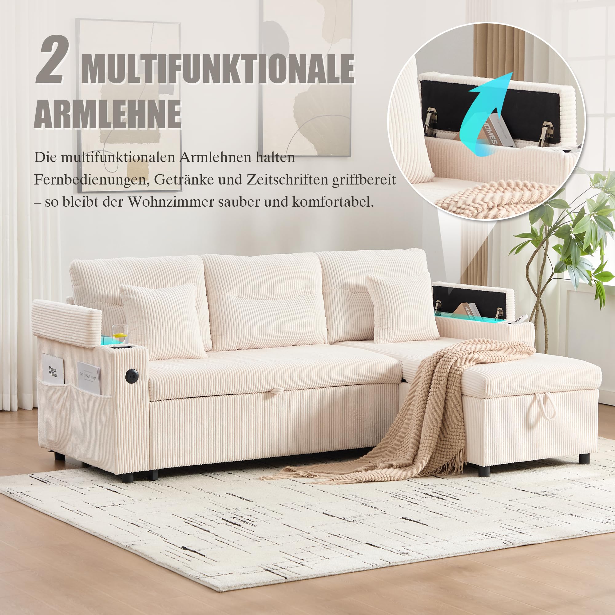 Sofá de 3 plazas con función de cama, chaise longue, espacio de almacenamiento, USB-C, sofá de pana, hidráulico, cama con cajón, soporte para bebidas