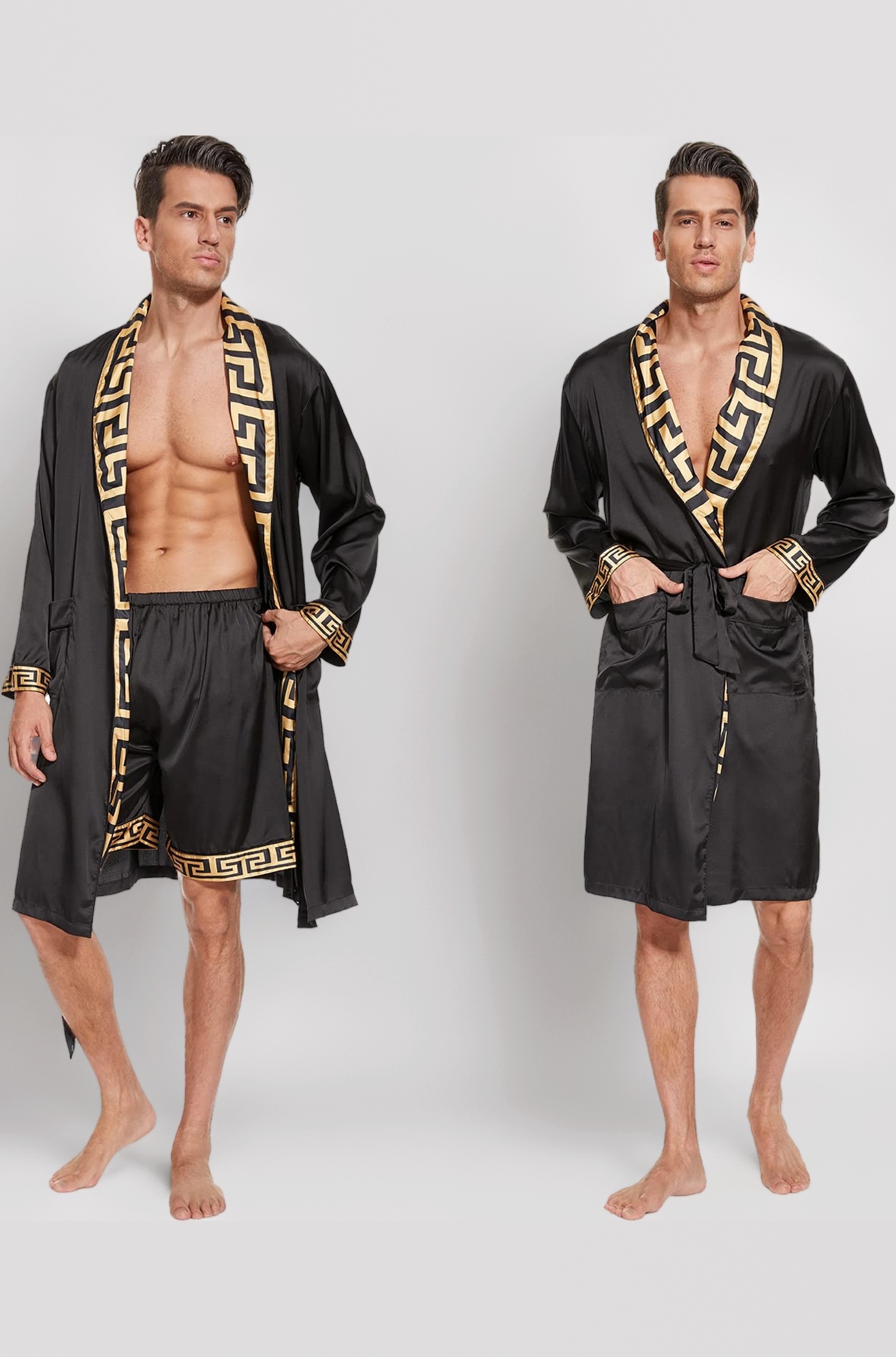 N&D Eyong Men's Luxurious Silk Feeling Bathrobes Long Sleeve Satin Kimono Robe with Shorts Sleepwear Set Printed Bathrobes…
