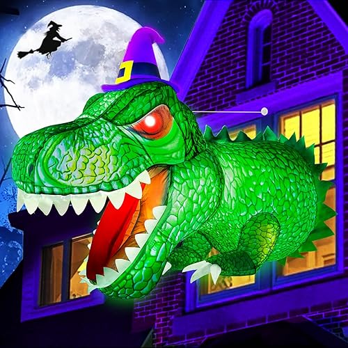 Decoraciones inflables de Halloween de 4 pies, dinosaurio al aire libre estallado de la ventana con LED vívido T-Rex integrado inflable para