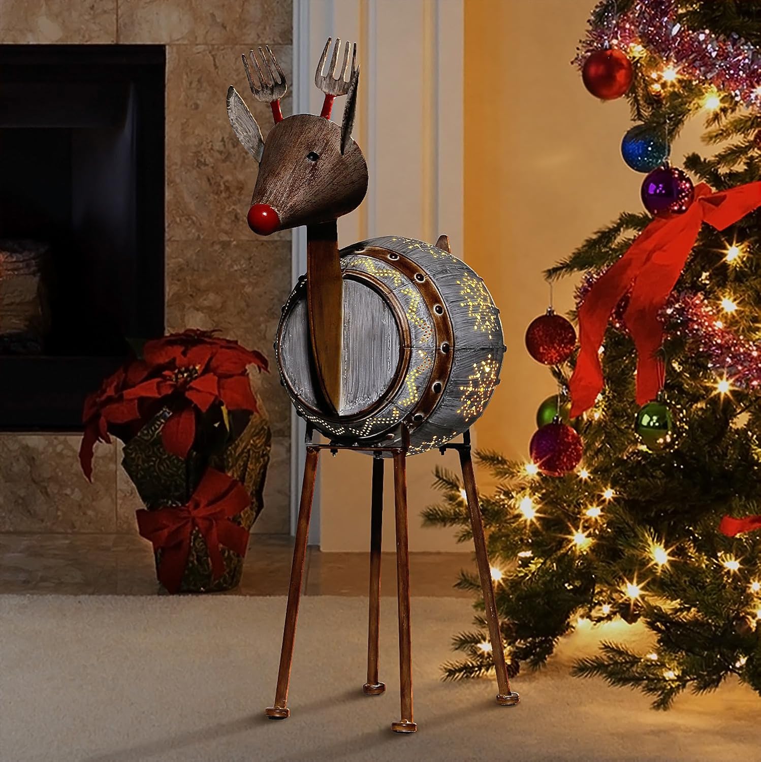 Alpine Corporation 33 H Indoor/Outdoor Metal Barrel Reindeer Christmas Holiday Decoration with LED Lights
