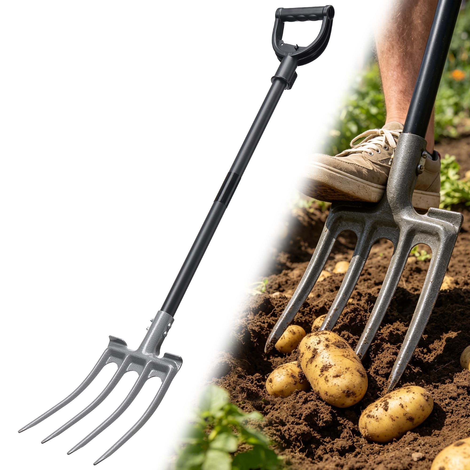 Tenedor de paso, herramienta de jardín de metal con mango largo, mantillo de 4 dientes, heno, estiércol, excavación, heno, patata, tenedor de jardín, pala para jardinería, aflojamiento de