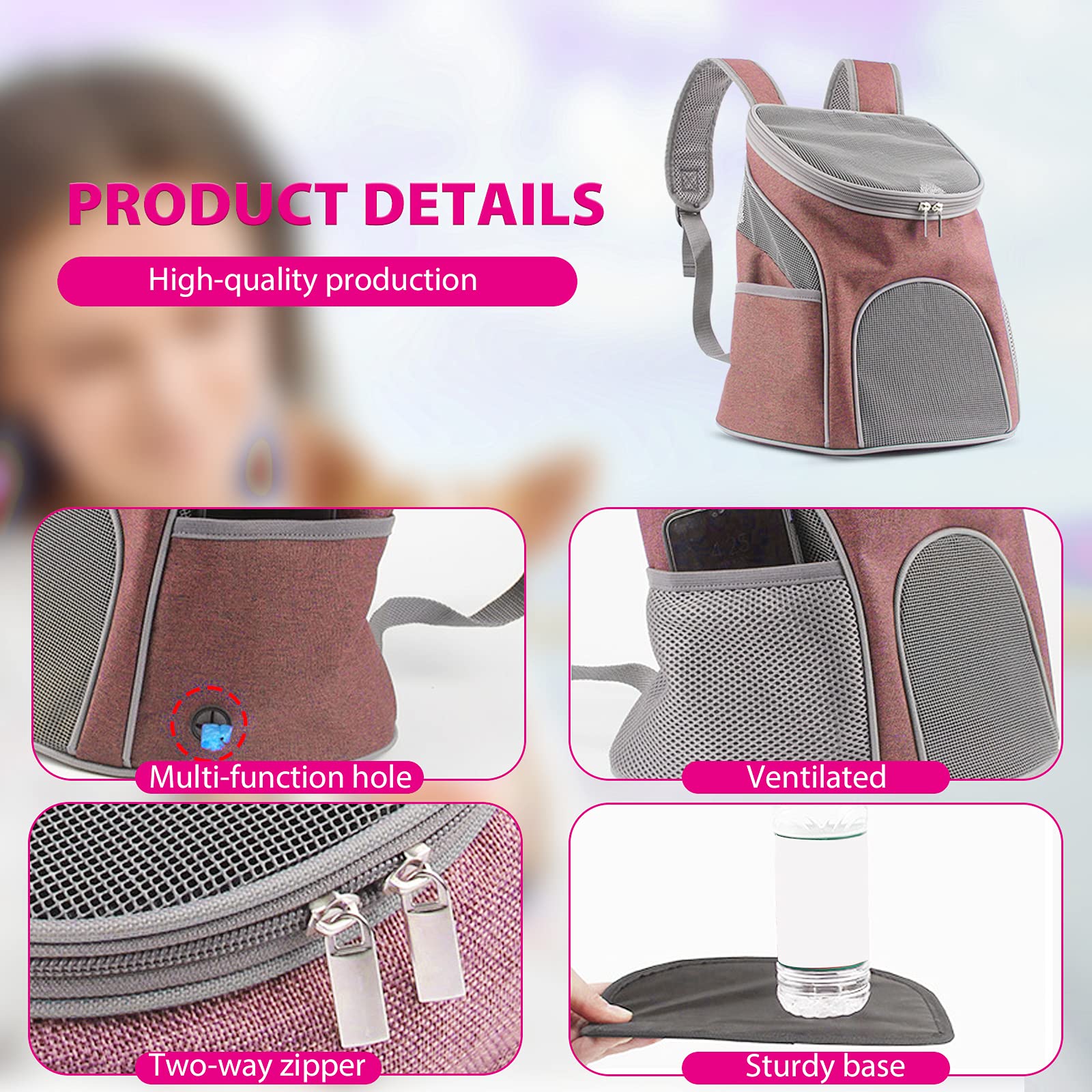 PETCUTE Zaino per Cani Gatto,Traspirante Zaino Trasportino per Cani con Tappetino Staccabile,Zaino per Animali Domestici con Tracolla Regolabile per Viaggio Campeggio,Fino a 4kg