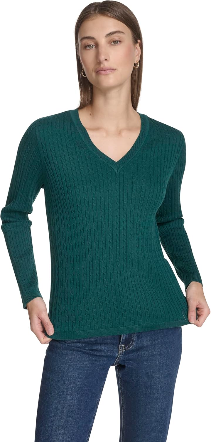 Nautica Womens Long Sleeve Cable V-Neck Sweater