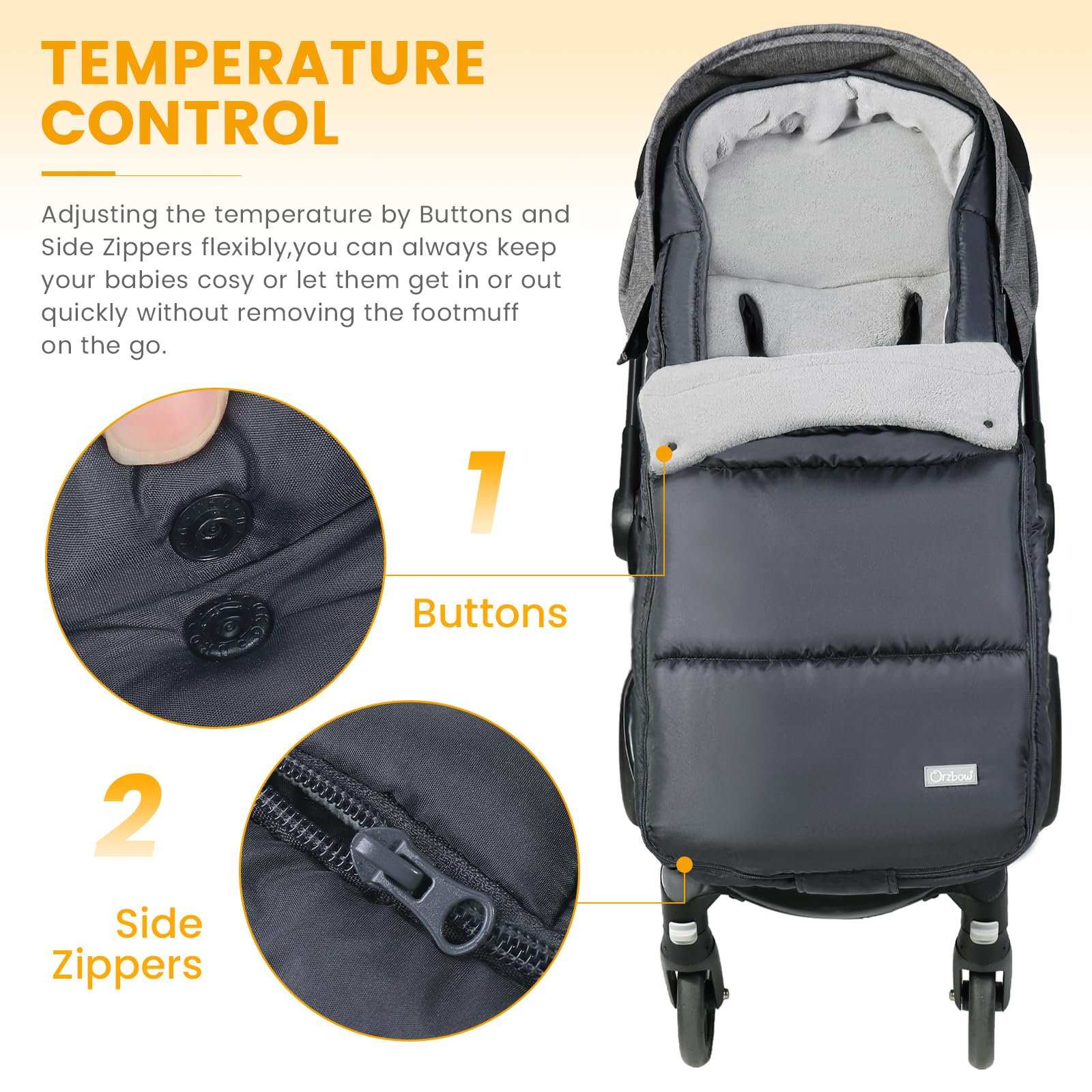 Orzbow Hiver Chanceliere Bebe Poussette, Imperméable Chanceliere Universelle pour Poussette avec Sac de Rangement, Amovible Chancelière Poussette avec Zip Ajustable, Accès Facile, Chaleur, Noir