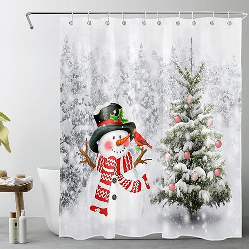 Miniatura 9 de MEUNEAR Cortina de ducha de muñeco de nieve de Navidad, bola de Navidad rosa sobre pino, cortina de ducha de invierno para baño, cubierta de bosque