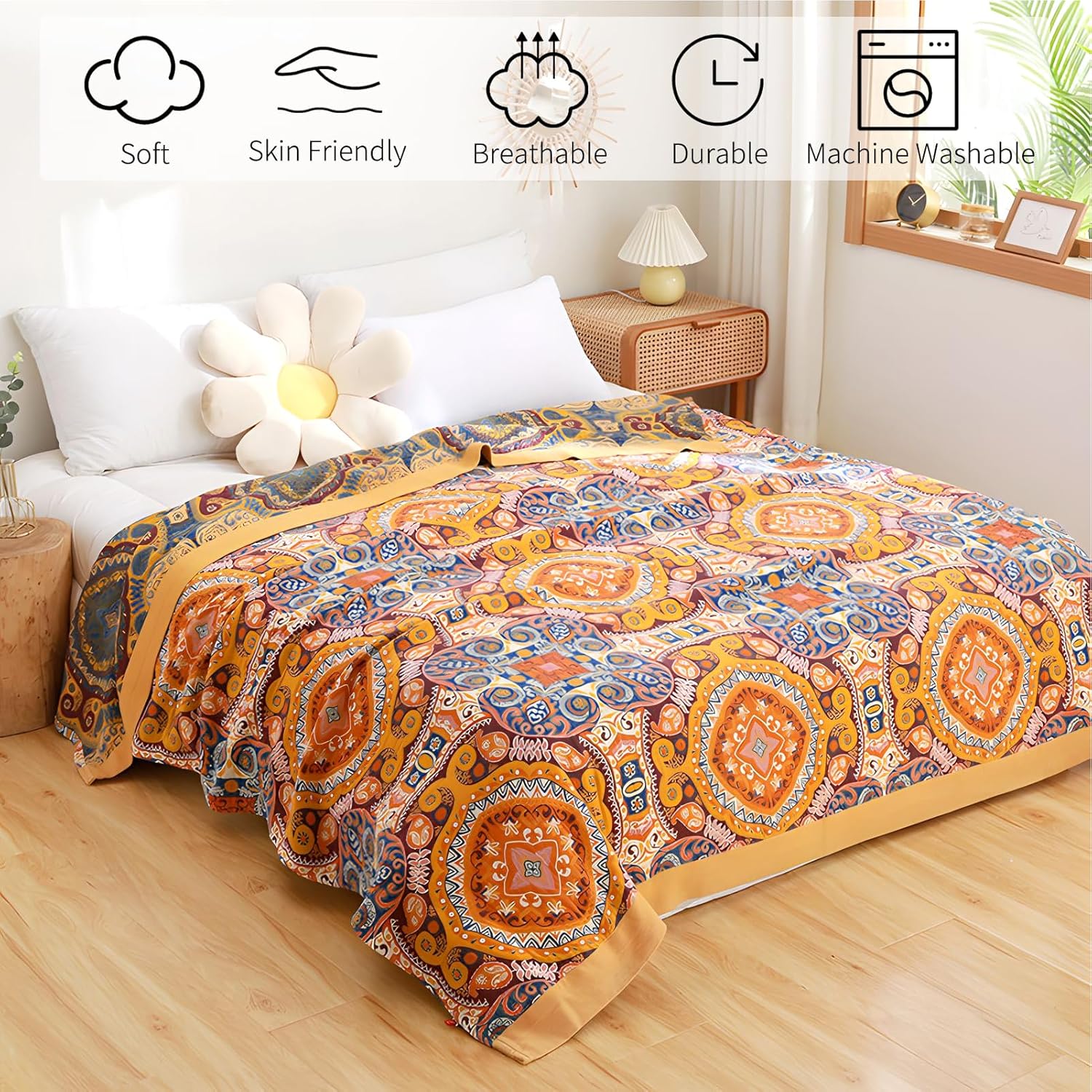 Watbro Boho Throw Blanket for Bed - 100% Cotton Ultra Luxury Throw Rustic Fall Quilt,Orange Floral Printed Farmhouse Decor Bed Blankets,60"×80" All Season Rustic Throw for Bed Living Room Sofa
