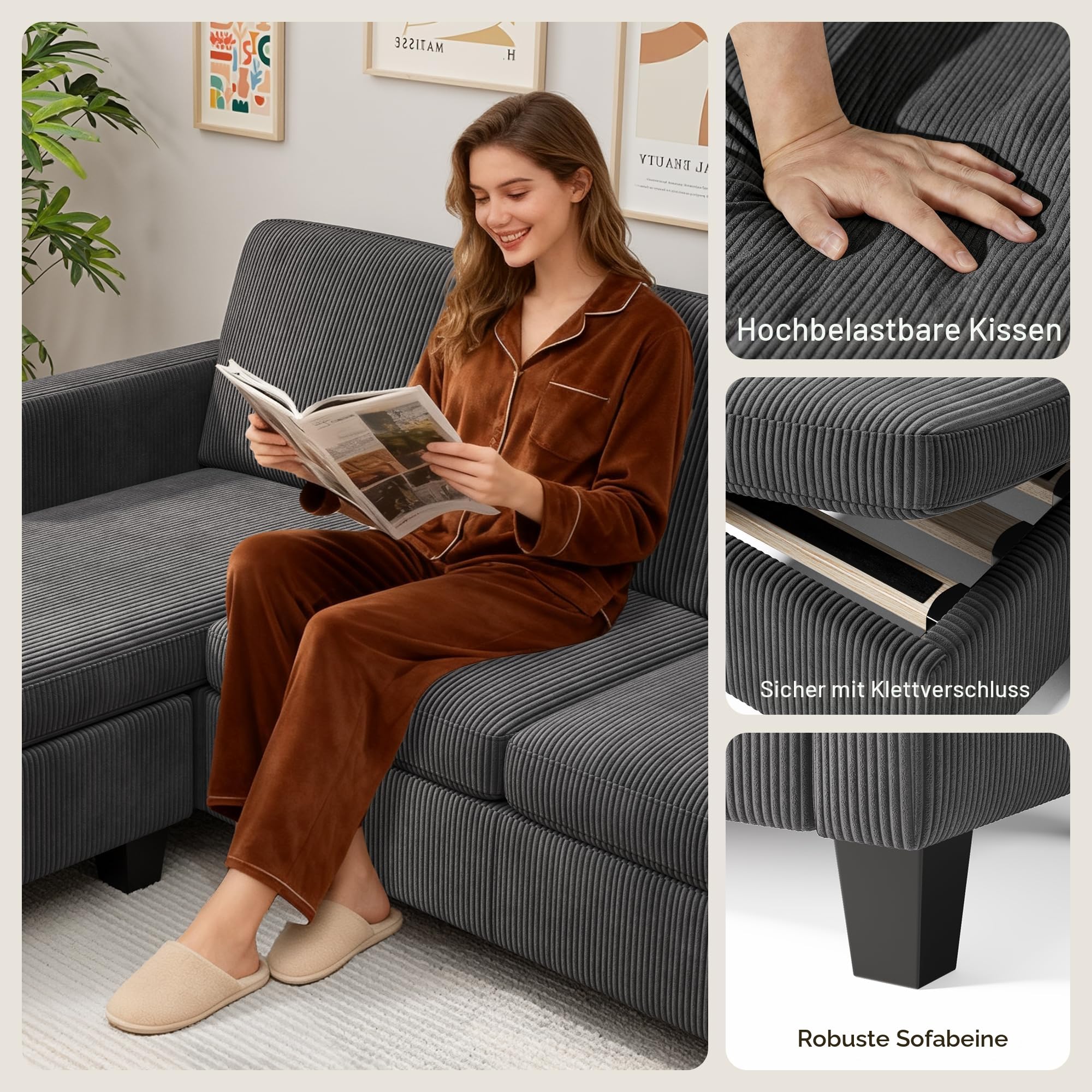 Xbro Ecksofa, Eckcouch L-Form Sofa Mit Ottomane, 3-Sitzer Wohnzimmer Sofa Für Kleine Räume, Modulare Chaiselongue, Cordbezug, Ergonomische Polsterung, 188 x 136,5 x 89 cm, Dunkelgrau