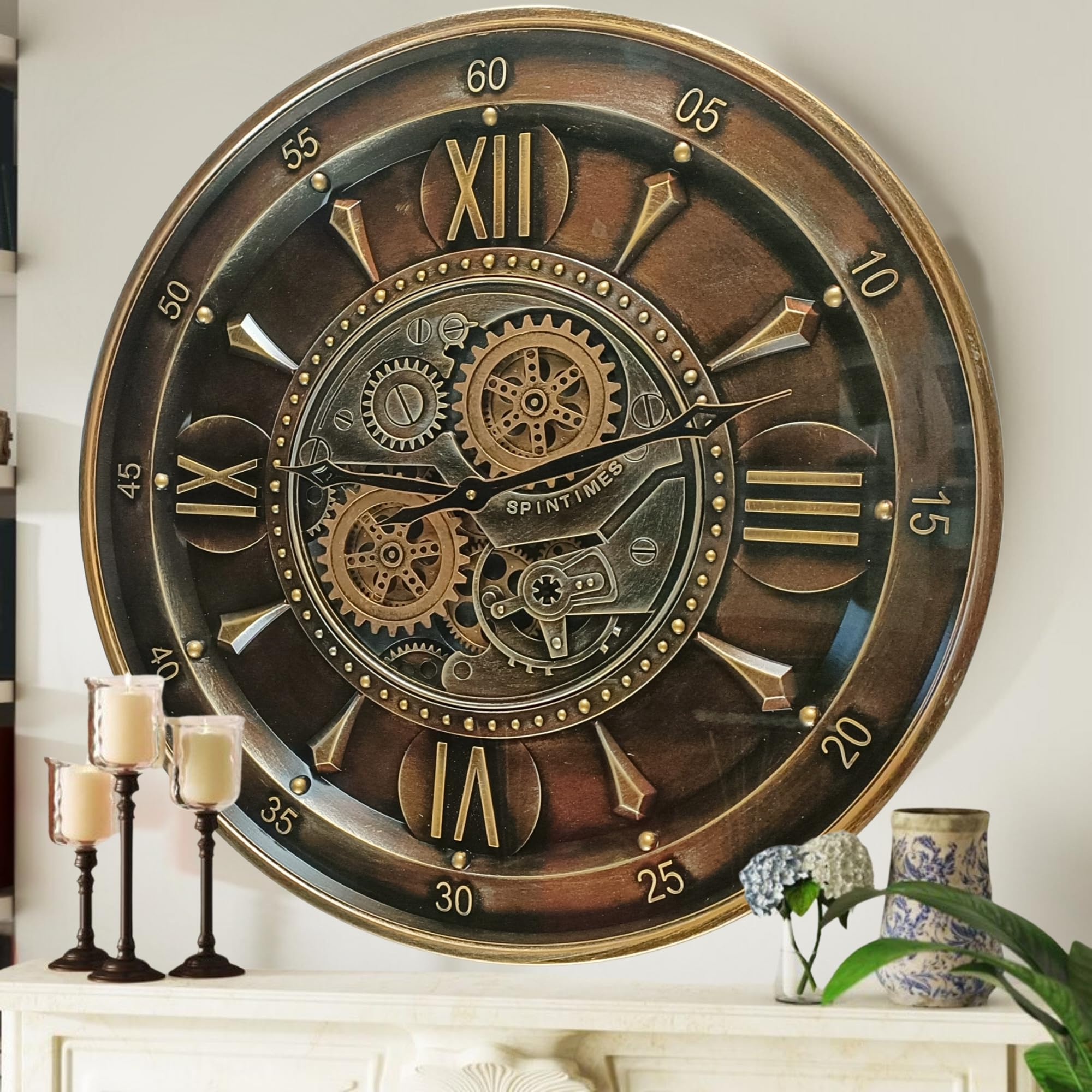 THE GEARS CLOCK 24'' Inch Real Moving Gear Wall Clock Ireland Line (Bronze Dark, 24 inches (59 cm))