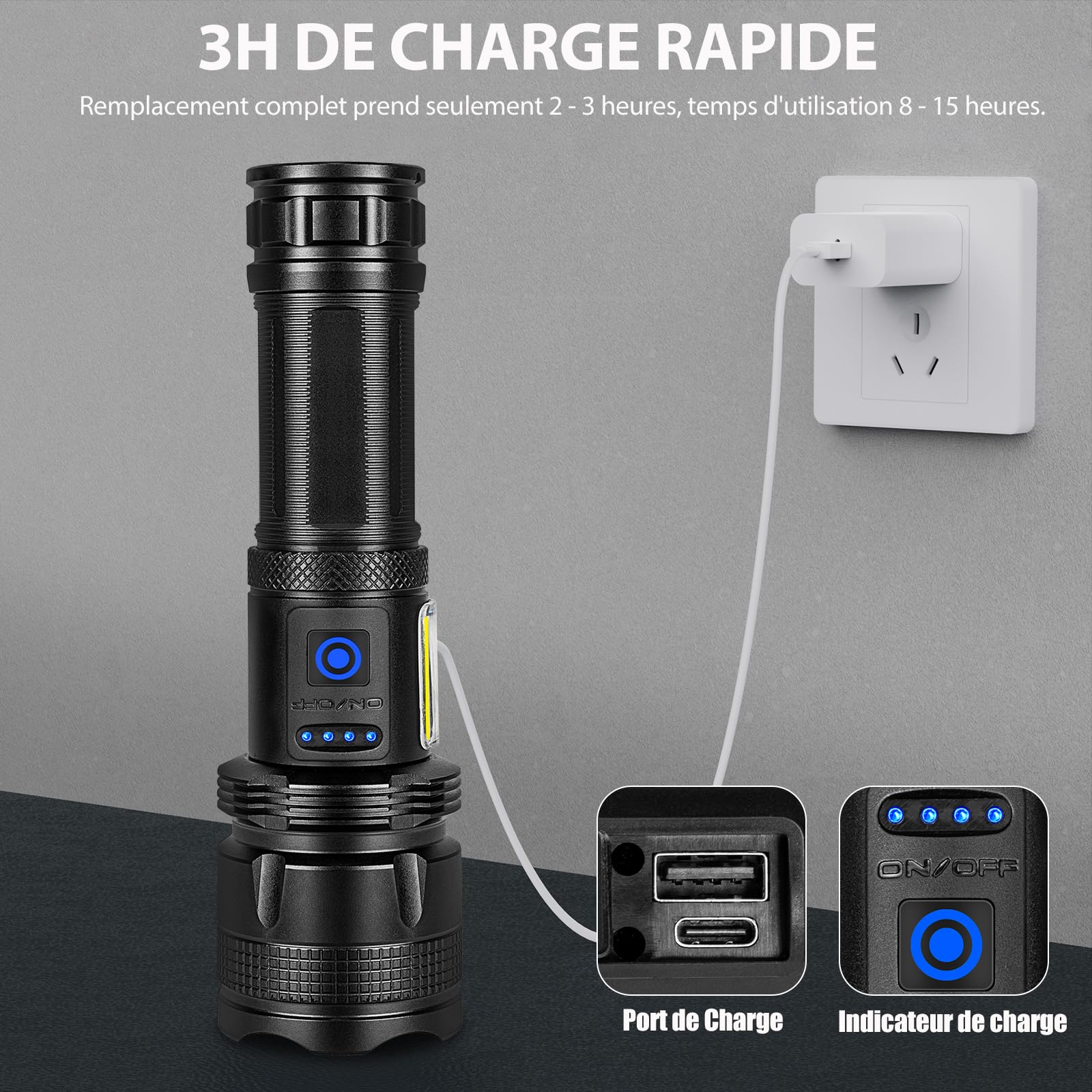 ZEUSFIRE Lampe Torche LED Ultra Puissante, 2 Pièces 100000 Lumens Lampe de Poche LED Rechargeable, 5 Modes D'éclairage & IPX7 étanche Lampe Torche Longue Portée Pour Camping, Randonnée