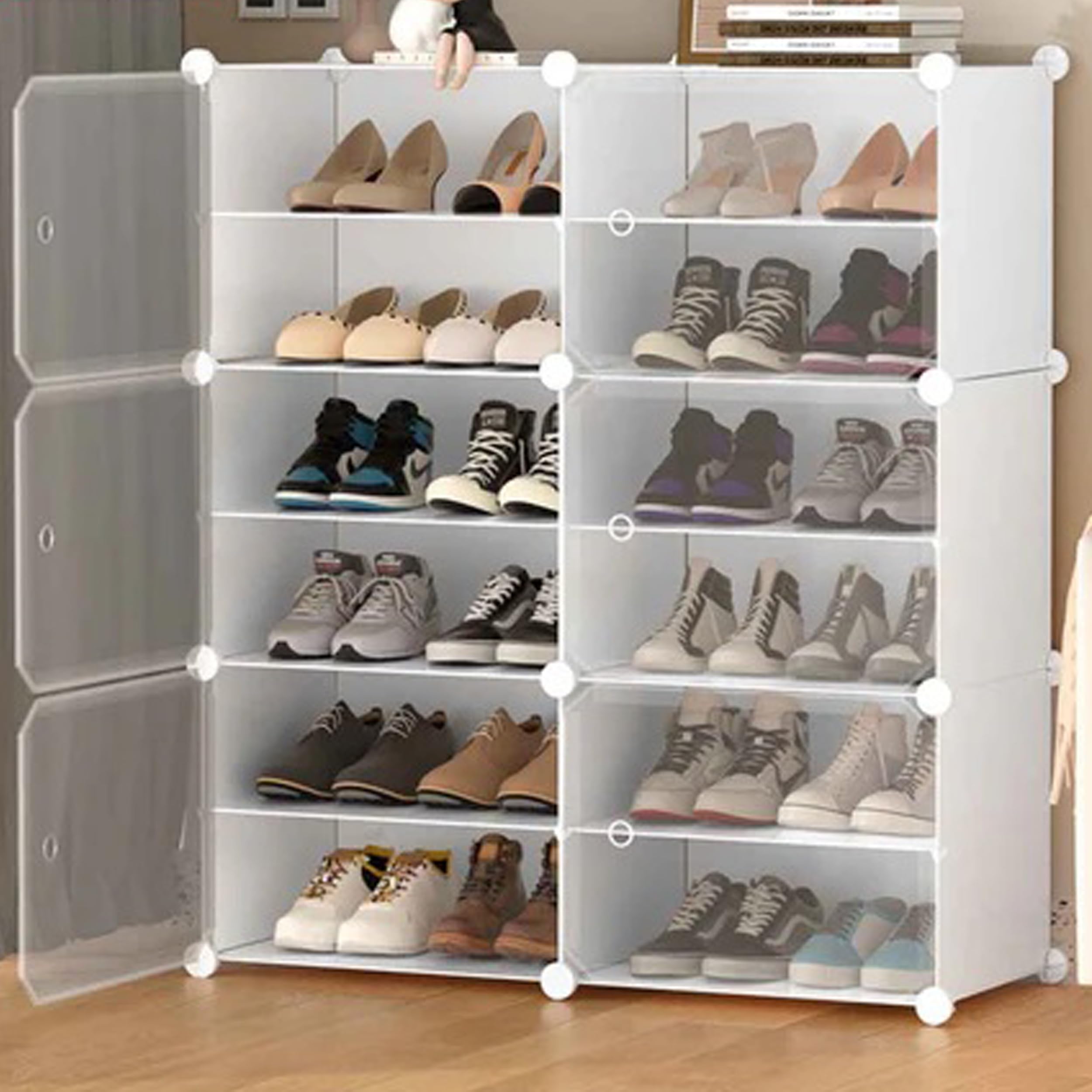 Zemic 𝟏𝟐 𝐒𝐡𝐞𝐥𝐟 Plastic Shoe Rack for Home with 𝟔 𝐃𝐨𝐨𝐫 | Foldable Modular Storage Rack | Dustproof Waterproof Shoe Organizer | Space Saving Footwear Stand for Home, Bedroom, Entryway【WHITE】