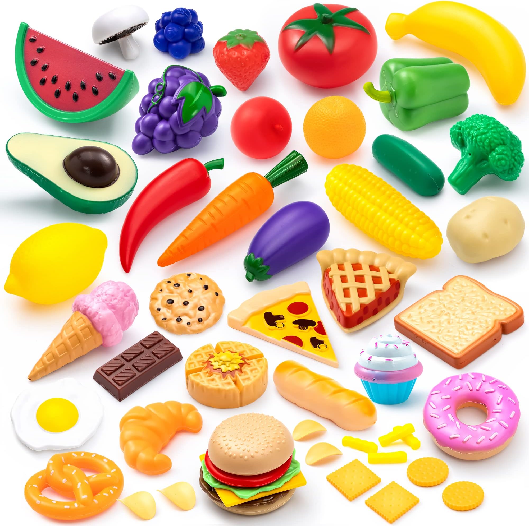 – 50 pcs Play Food Set for Kids,Plastic Toy Kitchen Accessories with Fruits,Vegetables & Desserts,Imaginative Play Food Toys for Toddlers 2,3,4,5, Bithday Gift for Kids