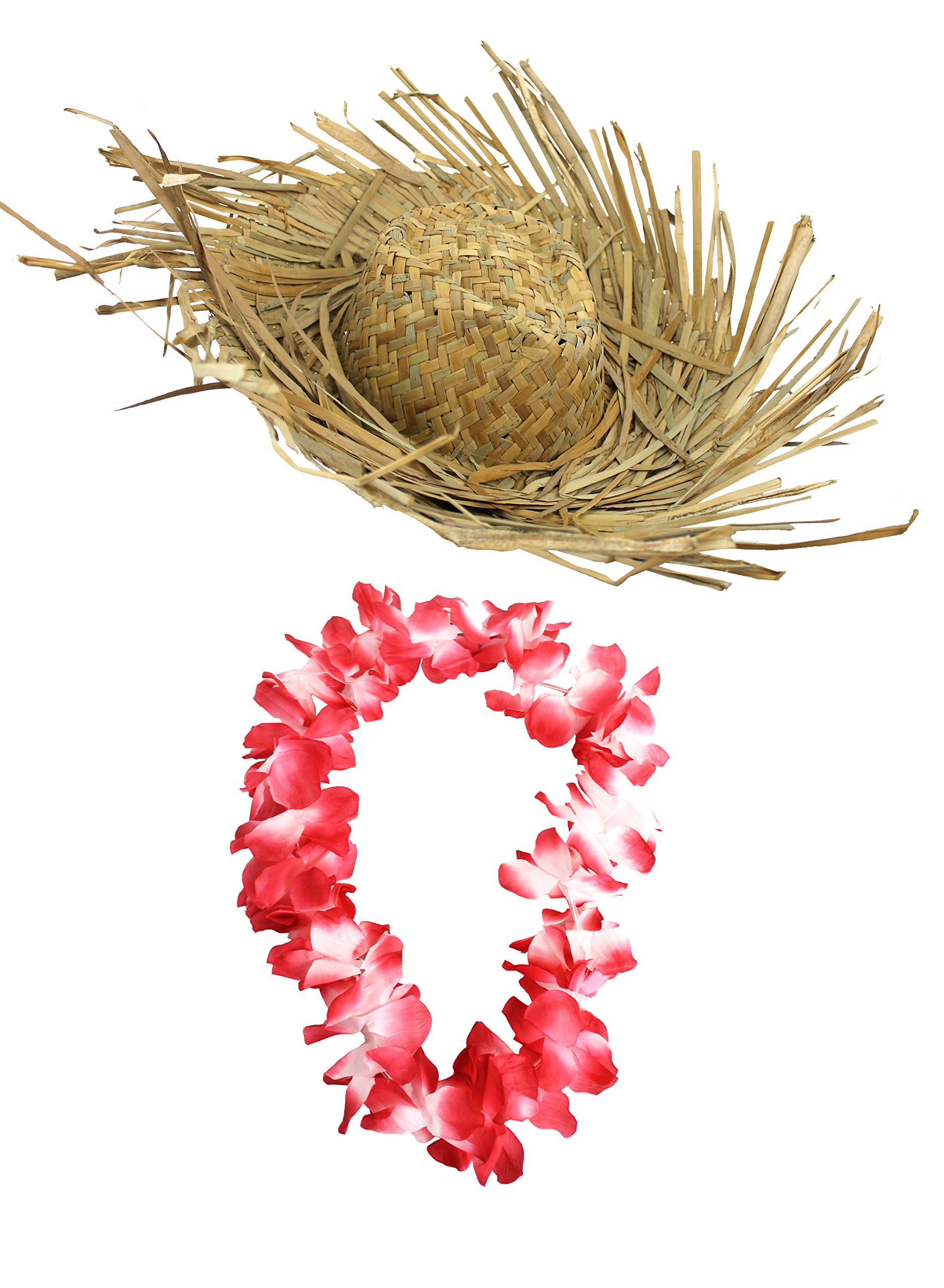 HAWAIIAN LEI + BEACH COMBER HAT FANCY DRESS SET COLOURED 18 INCH LEI HULA BEACHCOMBER HAT SUMMER HAWAII FLOWER LEI GARLAND ACCESSORY MENS LADIES (RED)