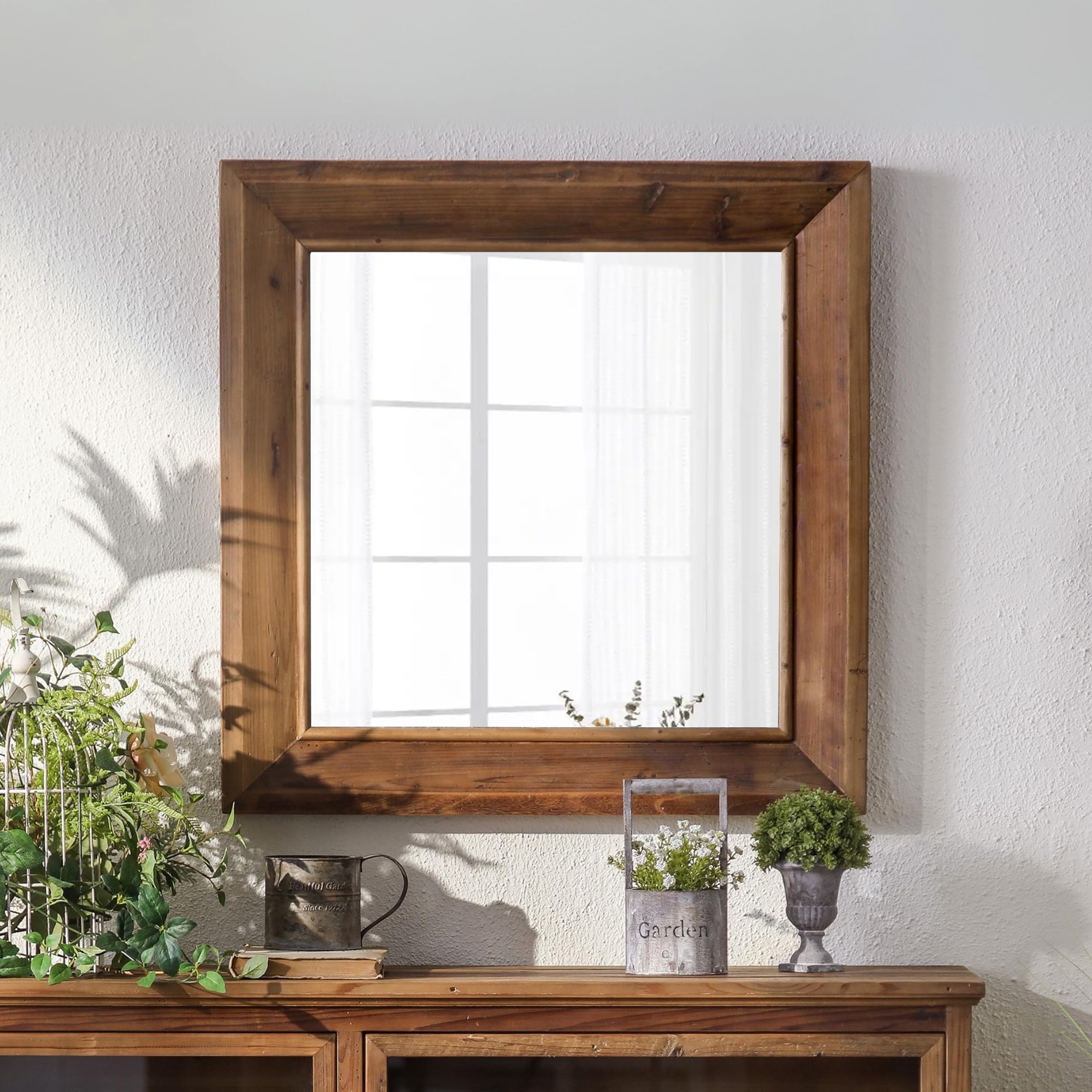 ZIYOO Rustic Farmhouse Wall Mirror, Solid Wood Frame Square Decorative Mirror, Country Style Accent Mirror for Living Room, Bedroom, Entryway, Bathroom, 32"x32"