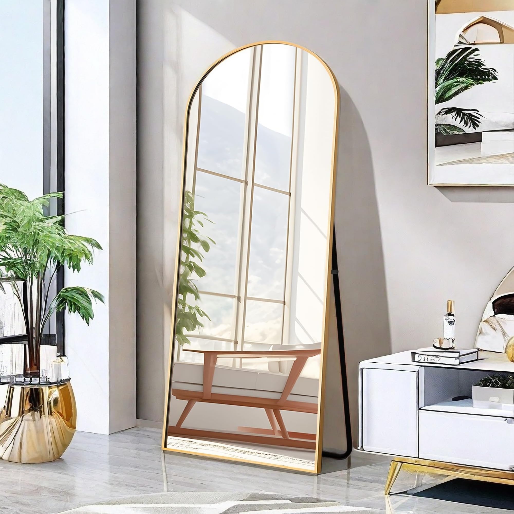 full length mirror with stand, 63" x 20" full body mirror leaning standing wall mounted floor mirror, aluminum alloy frame modern home decor for bedroom living room, arched-64in-gold
