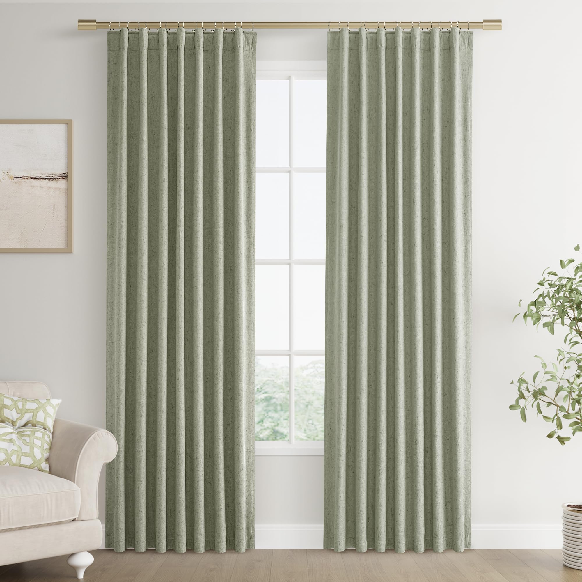 Joywell Linen 100% Blackout Curtains 90 Inches Long, Rod Pocket,Back Tab,Hook Belt,Thermal Insulated Room Darkening Pinch Pleated Drapes for Modern Farmhouse Bedroom(2 Panels,52 x 90,Sage Green)