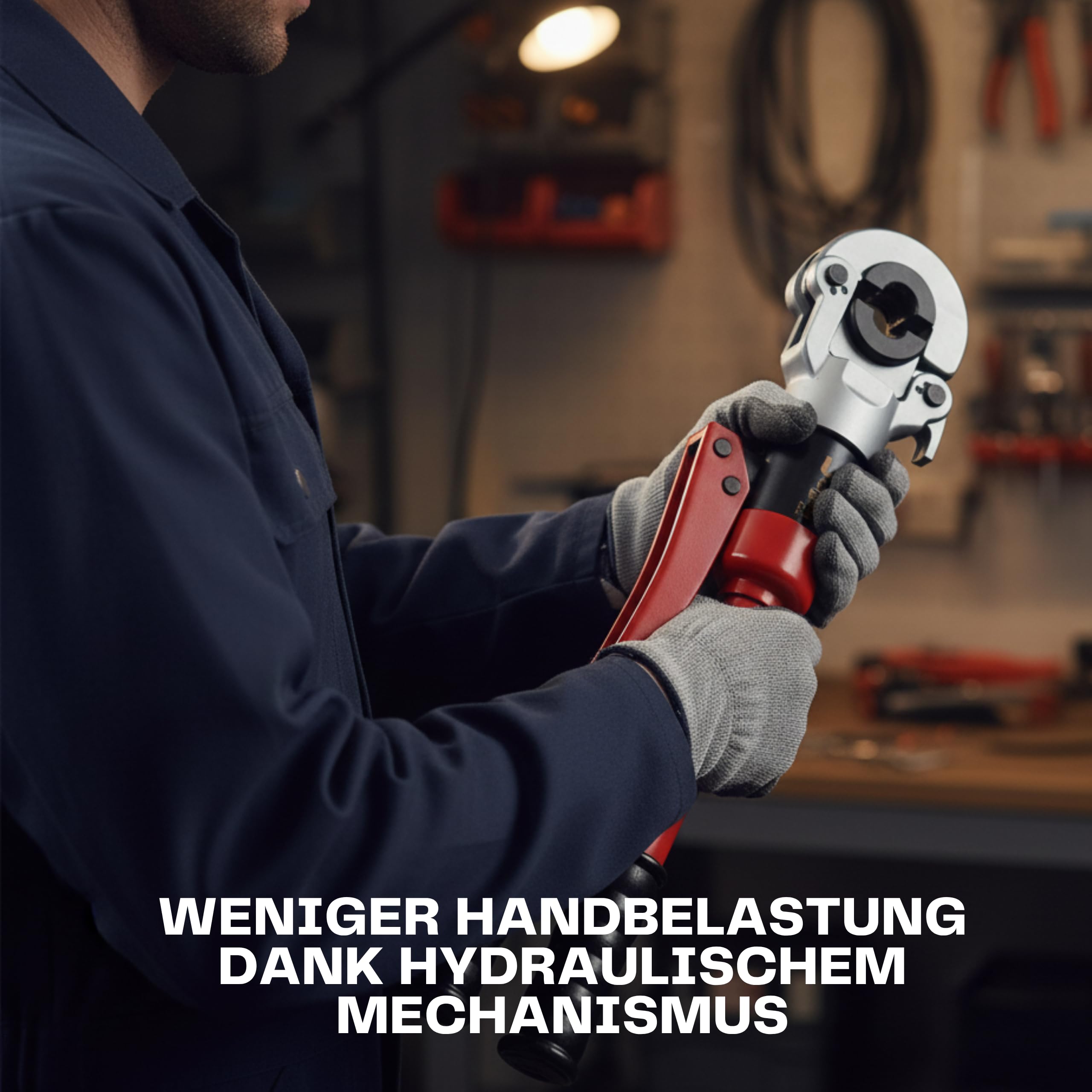 Delphi Presszange TH Verbundrohr 16-20-26-32mm (360° Kopf, 8T Druck) plus Schutzhandschuhe - Hydraulische Presszange Kupferrohr, Aluminiumrohre, PEX-Rohre, PB-Rohre, Kupferrohr-Fittings