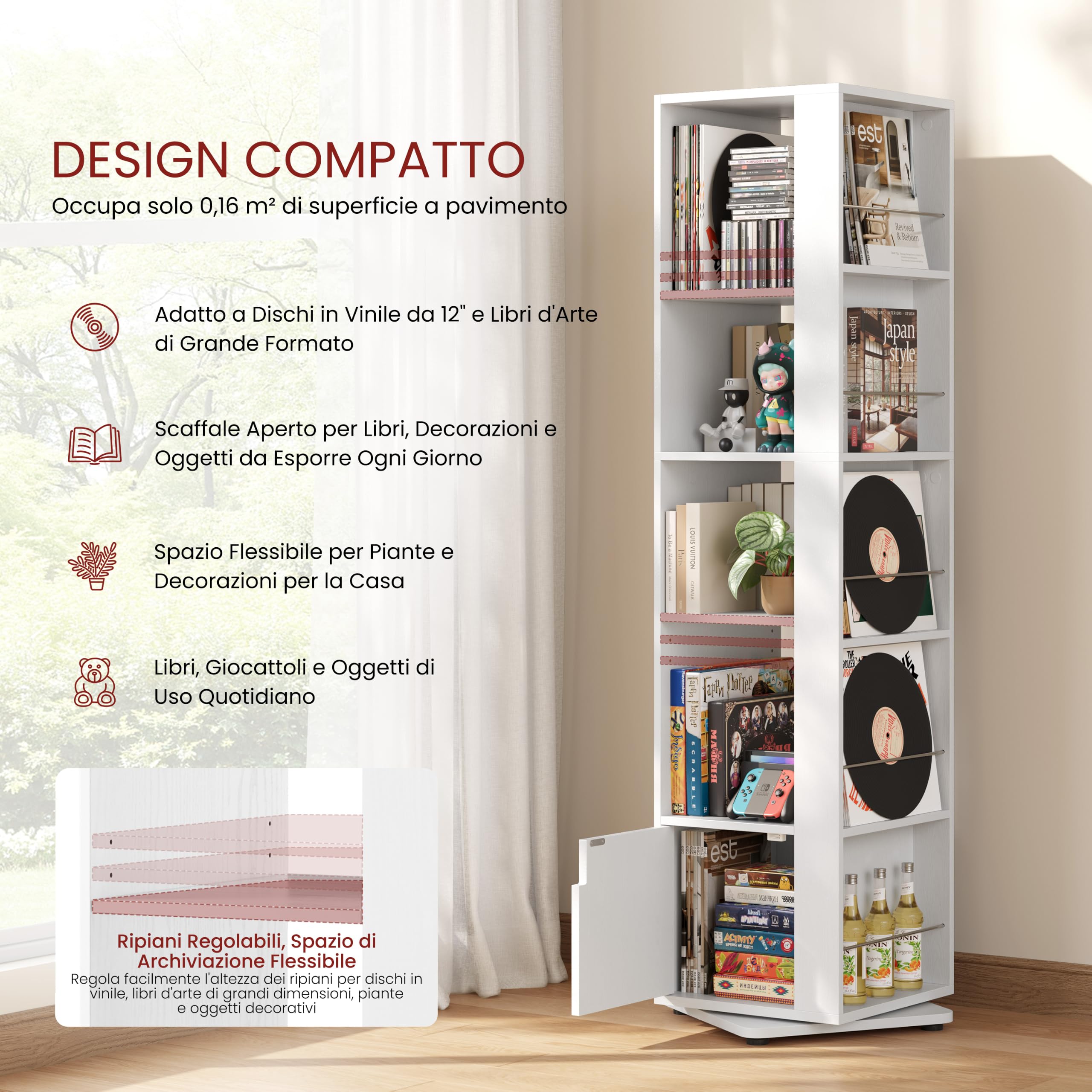 Yaheetech Libreria Girevole 360°, Scaffale Angolare a 5 Ripiani 42×42×169 cm, Libreria a Torre Grande Capacità con Ripiani Regolabili, Salvaspazio per Soggiorno, Camera da Letto, Studio (Bianco)