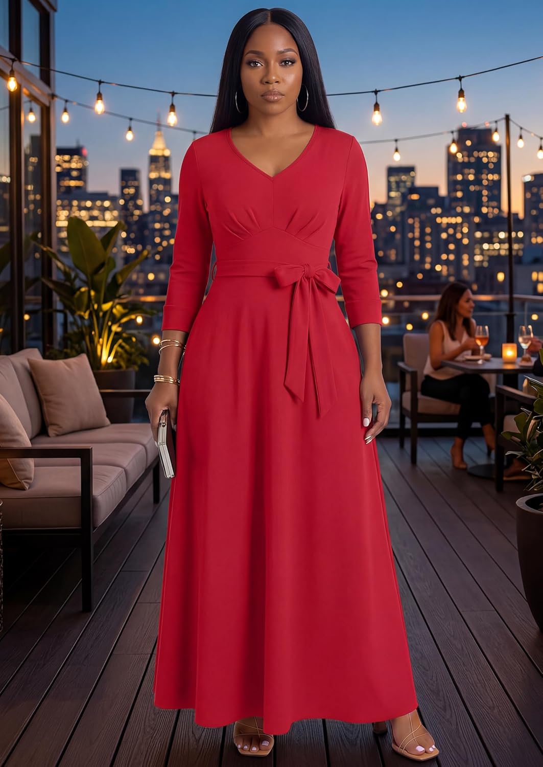 MarryUP Maxi Dress for Women 3/4 Sleeves V-Neck Semi Formal Church Long Casual Dresses with Pockets