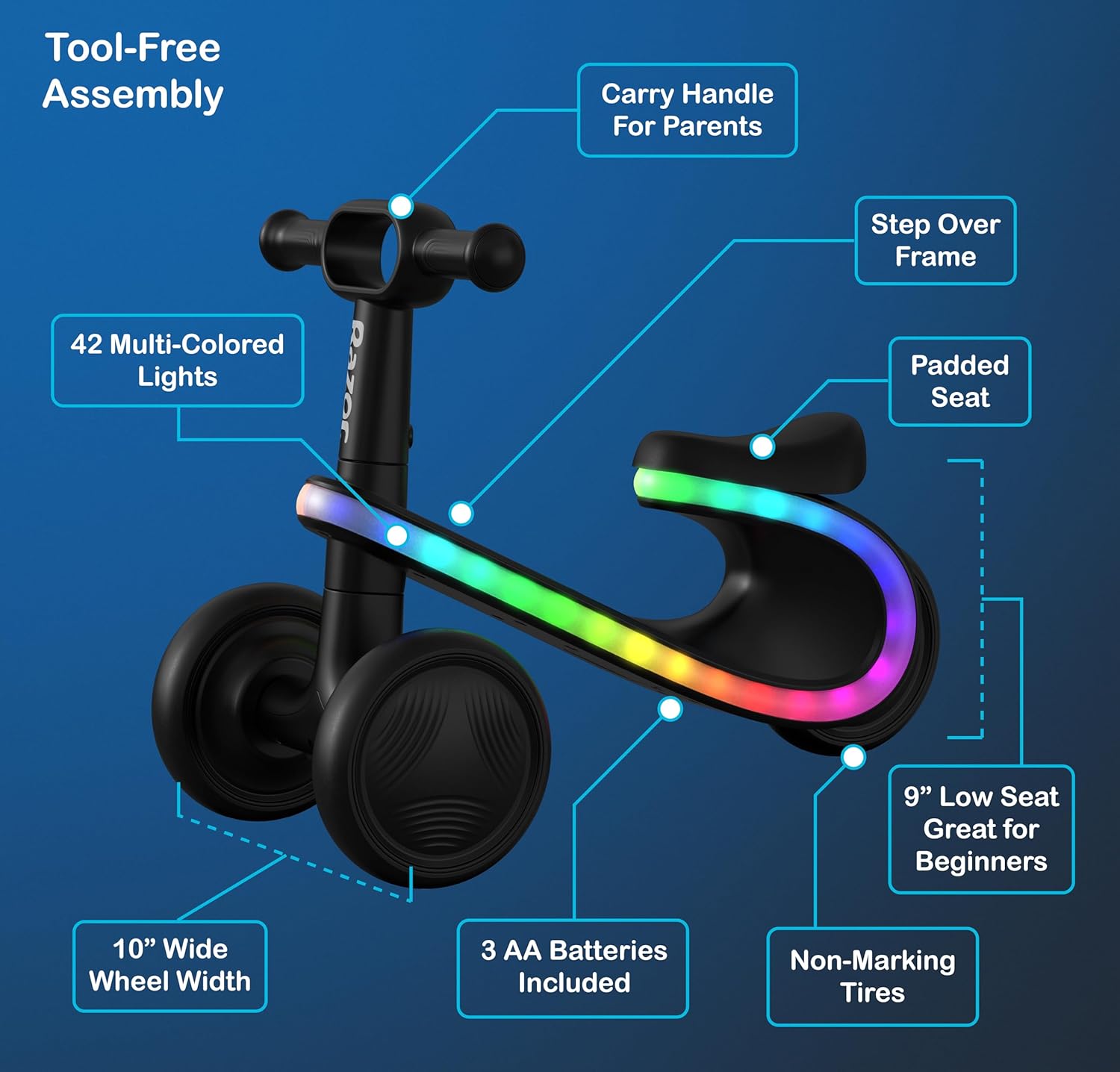 Razor Lightwave – 3 Wheel Toddler Balance Bike, Seated Scooter, Multicolor LED Lights, Ages 12 to 30 Months, Tool Free Assembly
