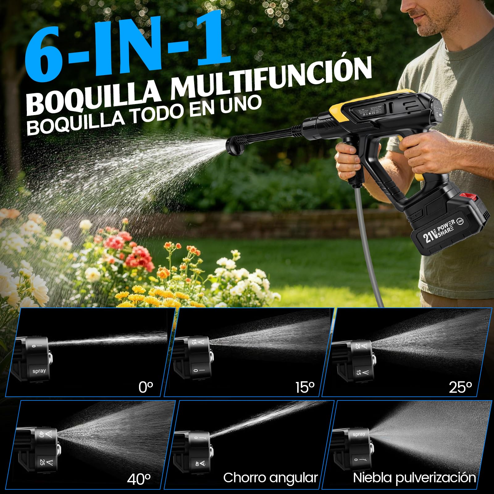 Hidrolimpiadora de Bateria, Pistola de Agua a Presión 45 Bar, Hidrolimpiadora Portatil con 2X Baterías 4000mAh, Boquilla 6 en 1, 5M Tubo, 360L/h para Limpiar Coche, Terraza, Limpieza y Riego