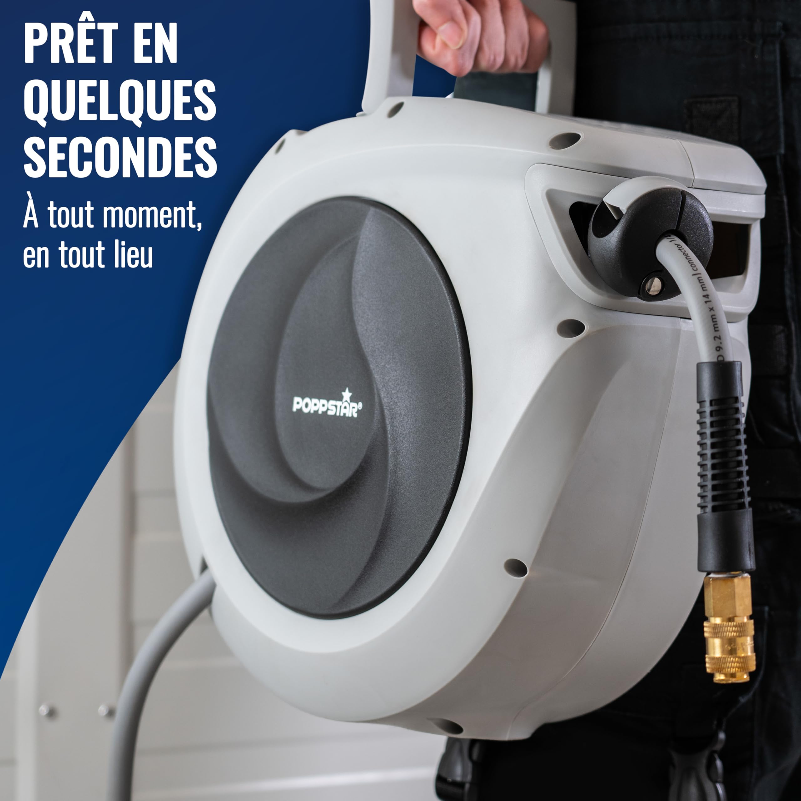 Poppstar Enrouleur de Tuyau d'Air Comprimé (15m + 1,1m, diamètre 3/8" (9,2x14mm)), Raccord 1/4" BSPT, avec Tuyau Hybride en PVC