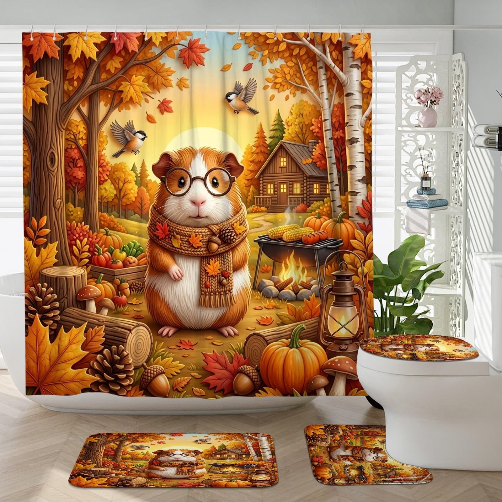 Accessoires de salle de bain cochon d'Inde avec rideau 183x183 cm et 3 tapis