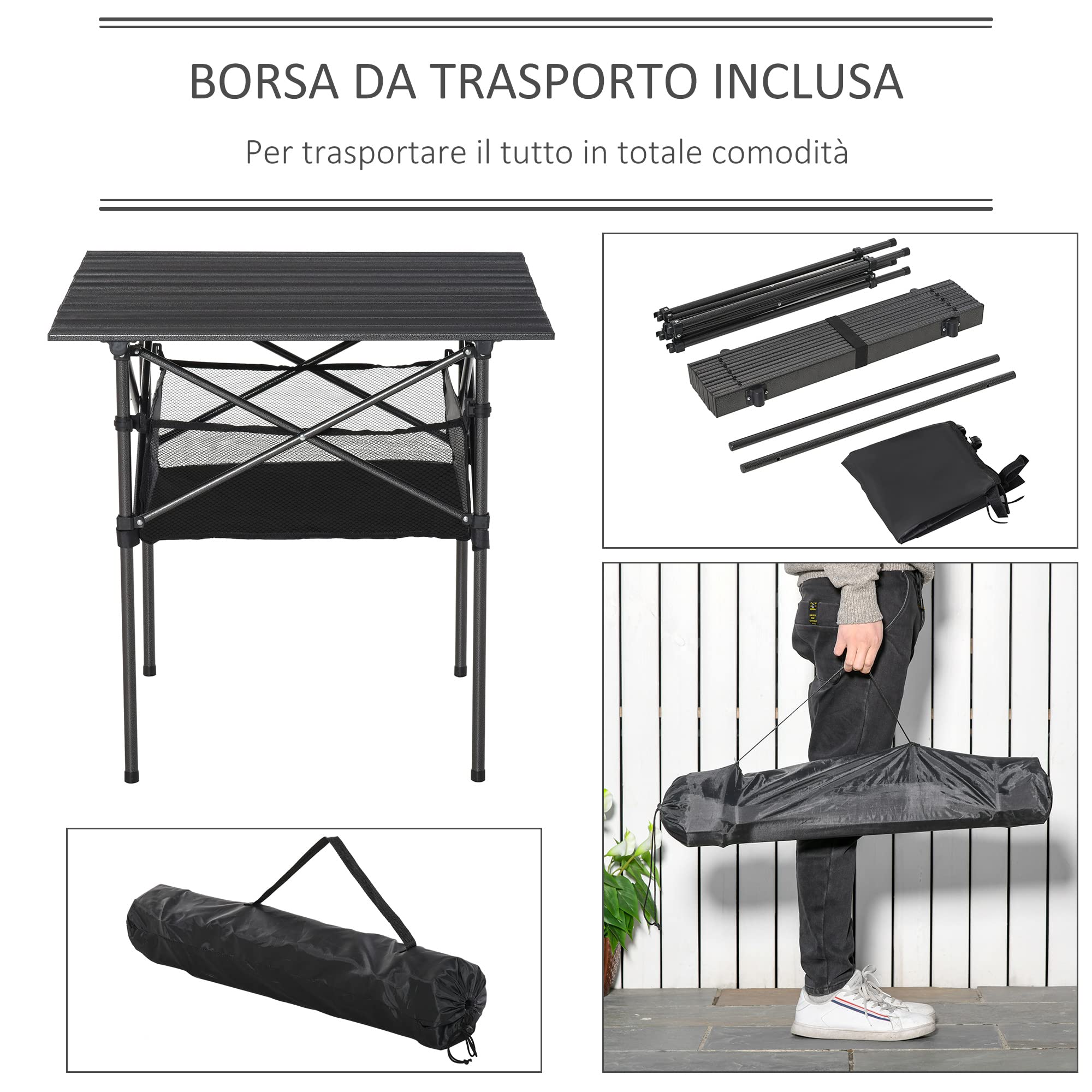 Outsunny Tavolo da Campeggio Picnic Pieghevole, Salvaspazio e Arrotolabile con Borsa da Viaggio, Nero 70x70x69cm