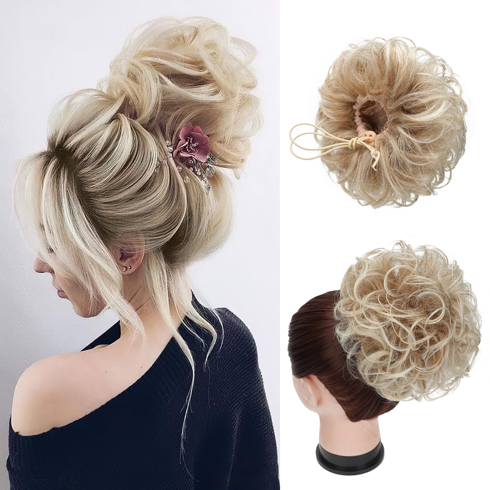 Foaoit Blonde Messy Buns Hair Piece Drawsting Ponytail Extensions Synthetic Hair Bun Curly Wavy Short Women's Hair Extension (Strawberry Blonde &