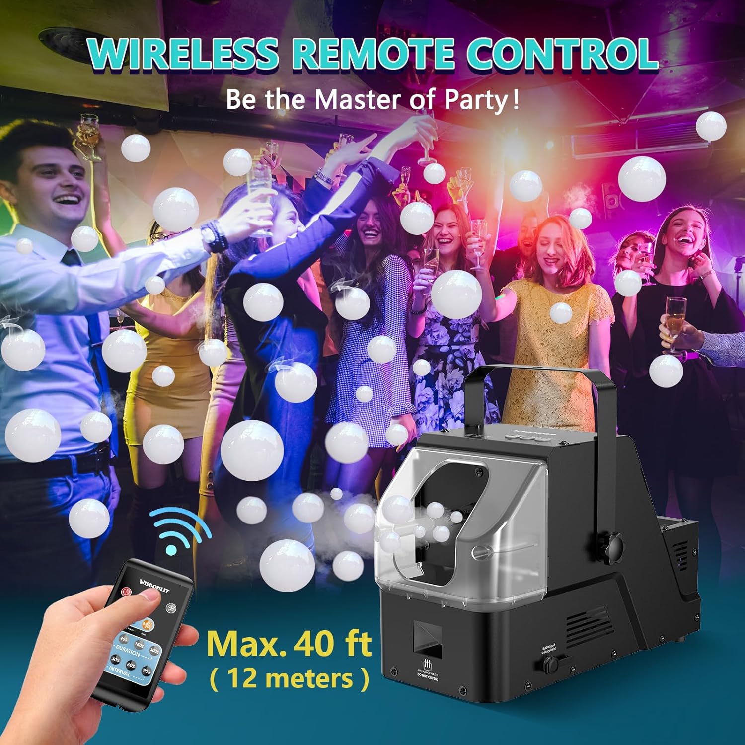 A hand holding the wireless remote control for the fog bubble machine, with bubbles in the background.